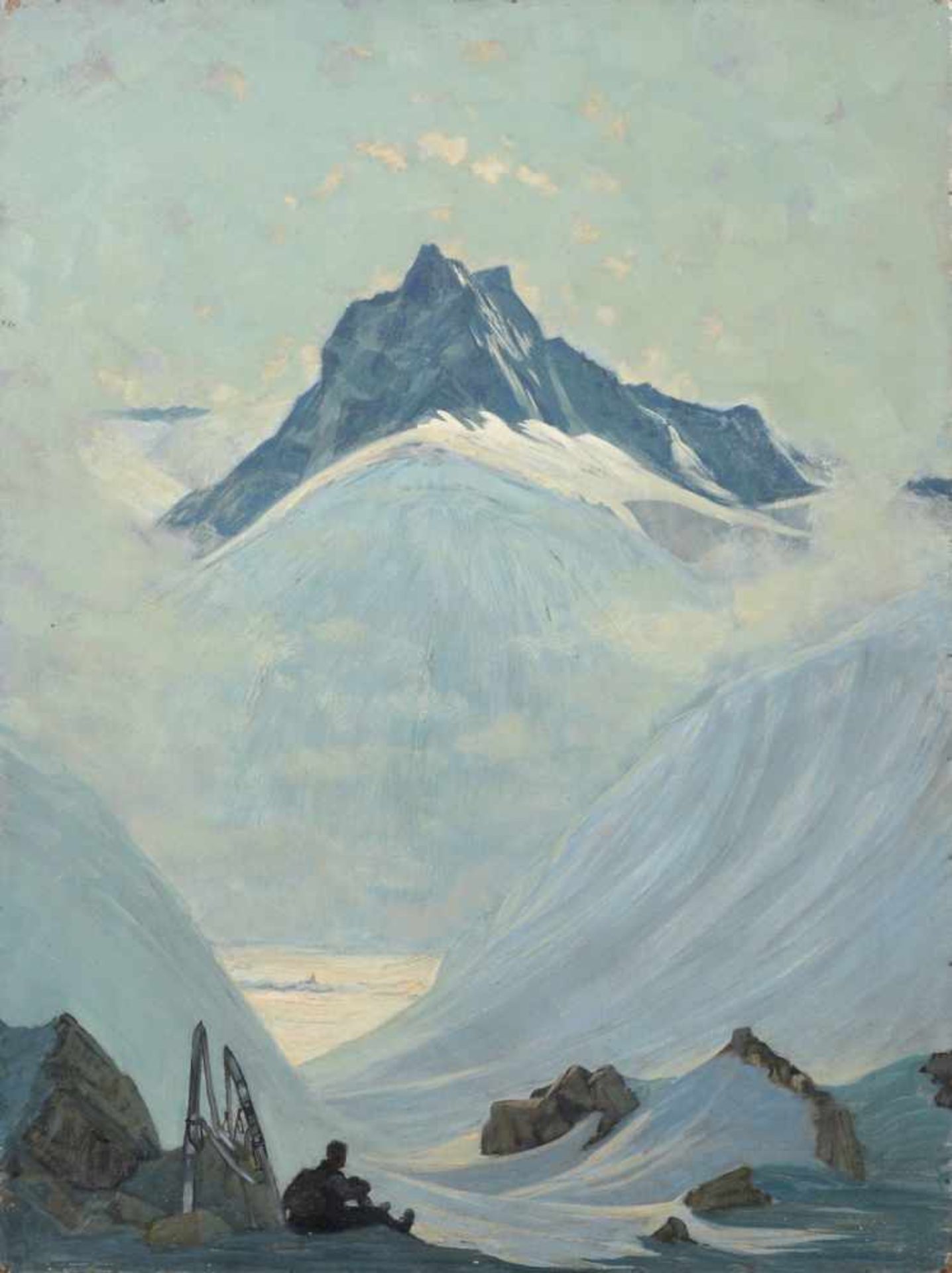 Hanns Herzing "Alpiner Schiesport". 1956. Öl auf Malpappe, auf einen Spannrahmen genagelt. Verso auf