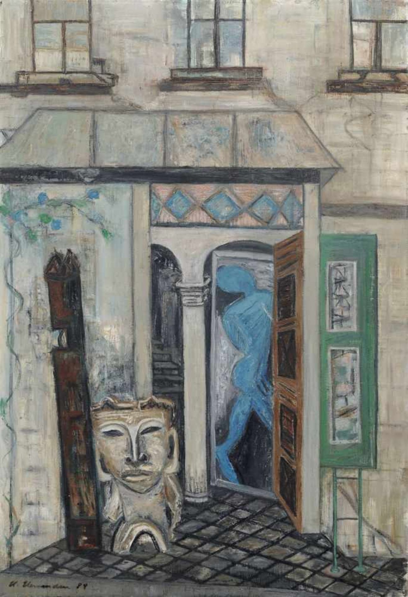 Heidrun Herrmann (heute Kraft), Hauseingang mit Maske, 1984. Öl auf Leinwand. Signiert "H. Herrmann"