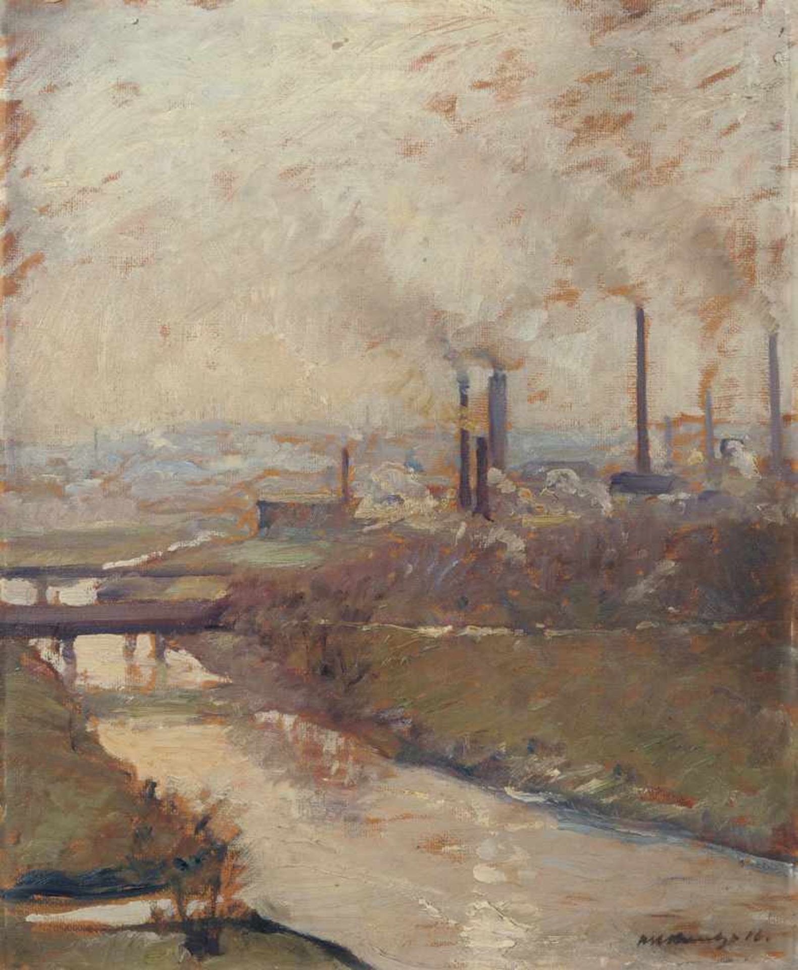 Reinhold Martin Kuntze, Zwickau, vom Brückenberg aus gesehen (Industrielandschaft). 1916. Öl auf