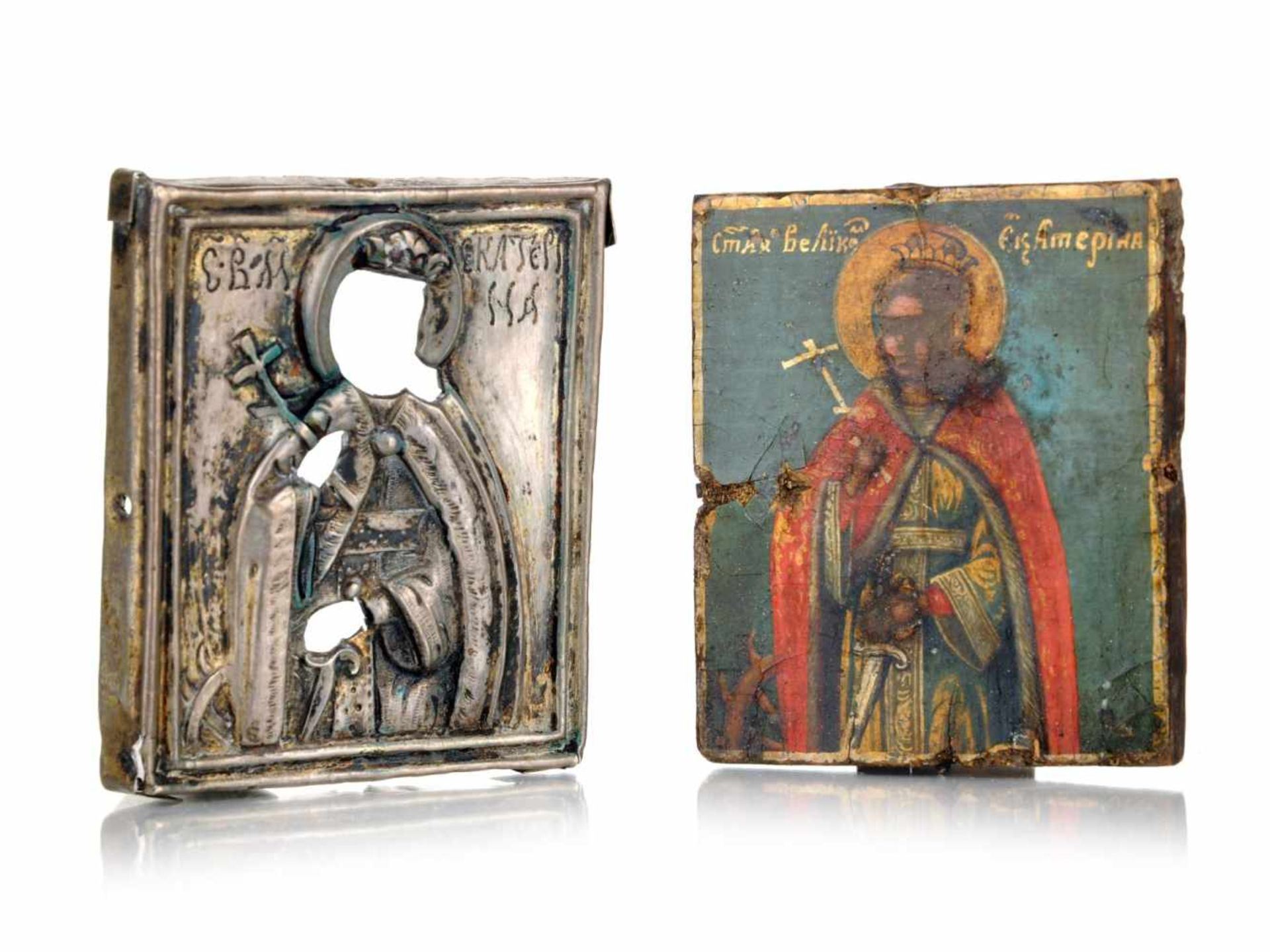 Kleine Reiseikone mit der Darstellung der Heiligen Katharina. Russland. Wohl 18. /19. Jh. Öl auf mit - Bild 4 aus 5