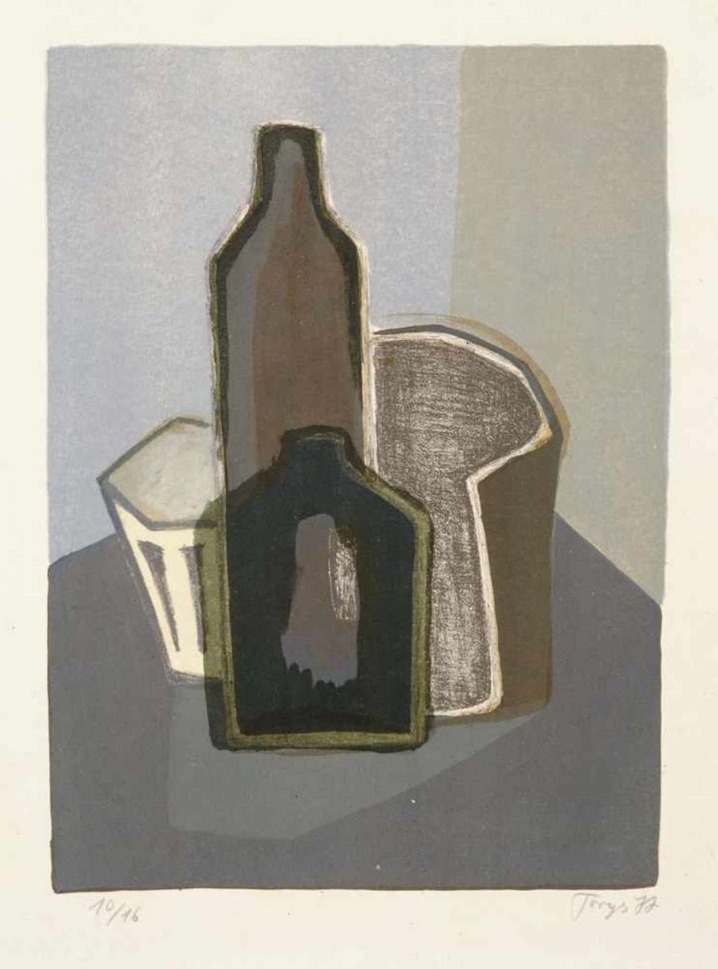 Günther Torges, Stillleben mit Flasche. 1977. Farblithografie auf kräftigem Papier. Unterhalb der