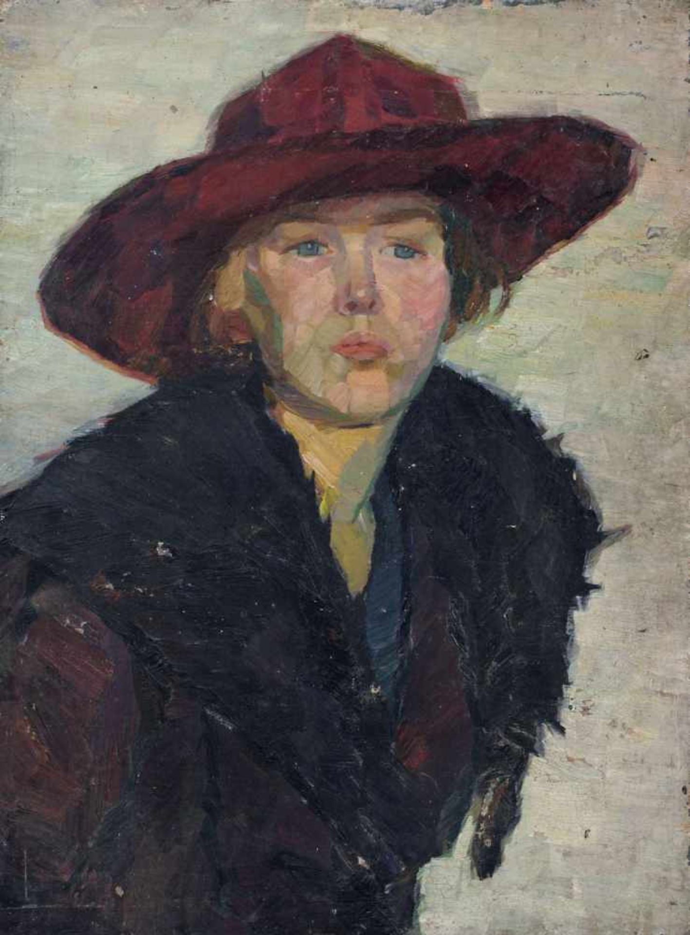 Alfred Schütze, Porträt einer Dame mit rotem Hut. 1918. Öl auf dünner Blechtafel (zweitverwendete