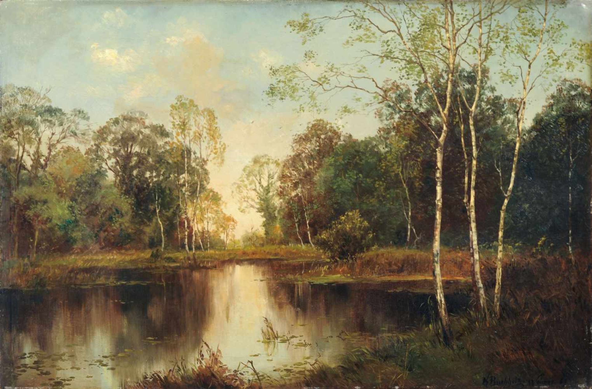 Karl Buchholz, Stilles Wasser im Wald bei Weimar. 1869. Öl auf Leinwand, auf Sperrholz