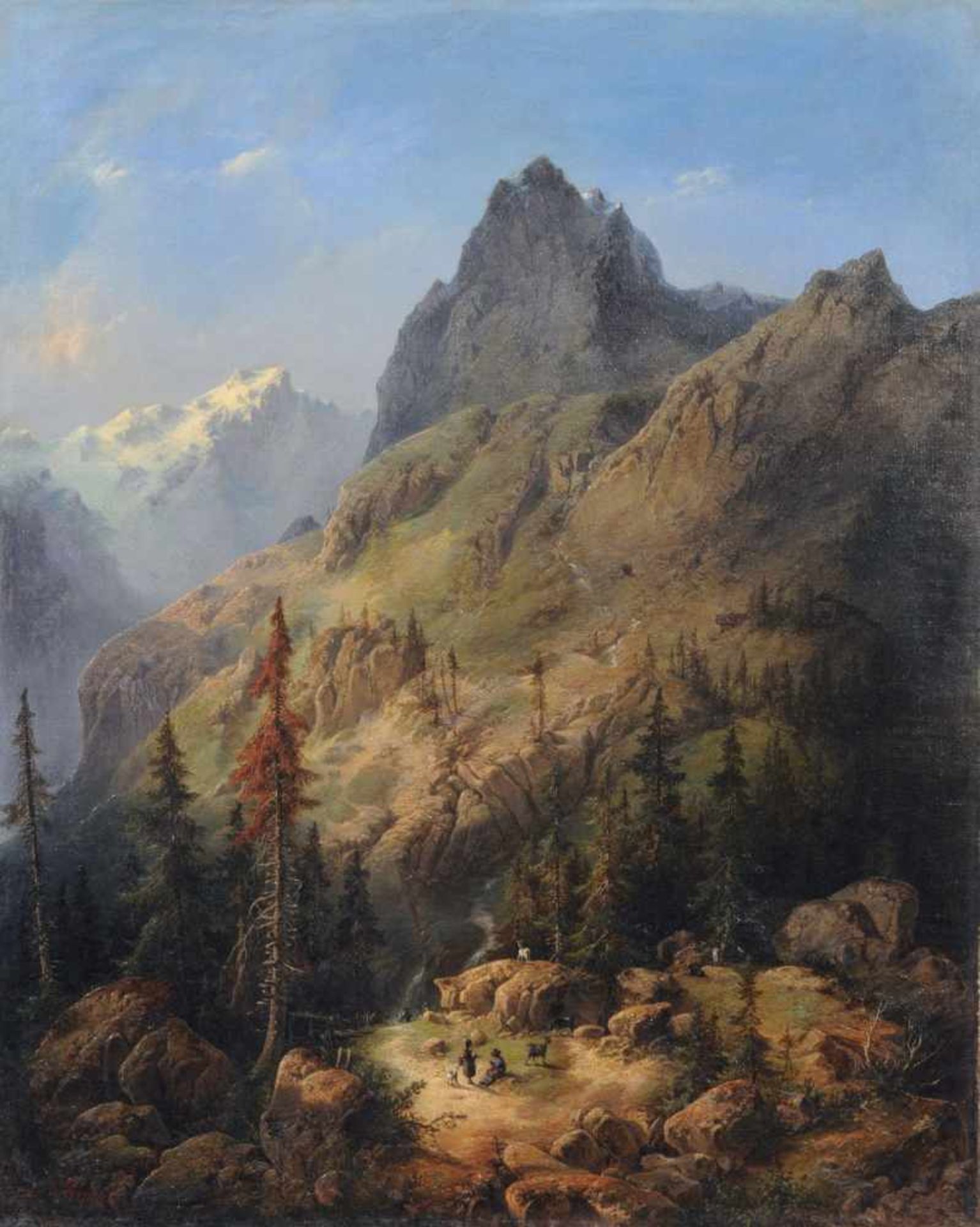 Albert Trippel, Rast im Gebirge. Wohl um 1840. Öl auf Leinwand. In roter Farbe signiert "A. Trippel"