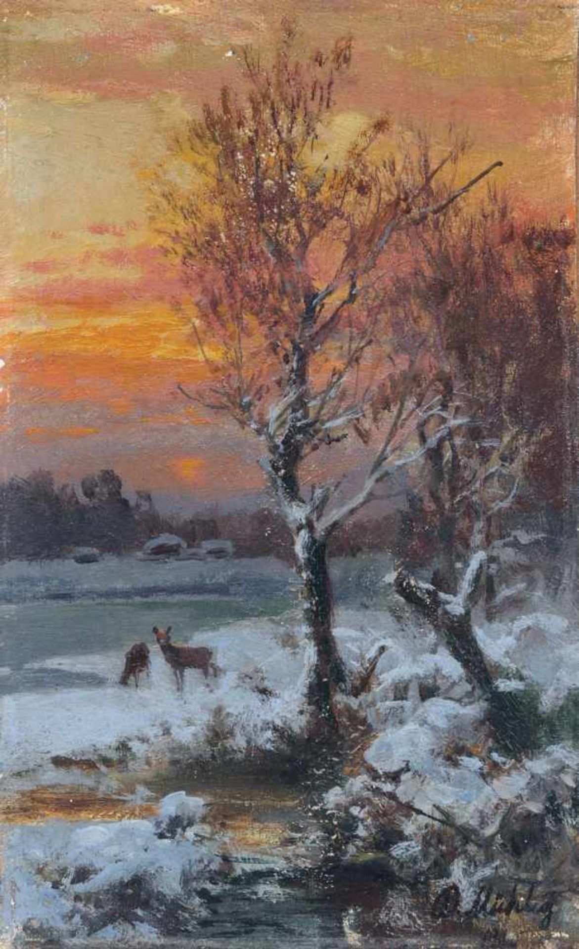 Bernhard Mühlig, Abendliche Winterlandschaft mit Rehen. 1900. Öl auf Leinwand, vollflächig auf
