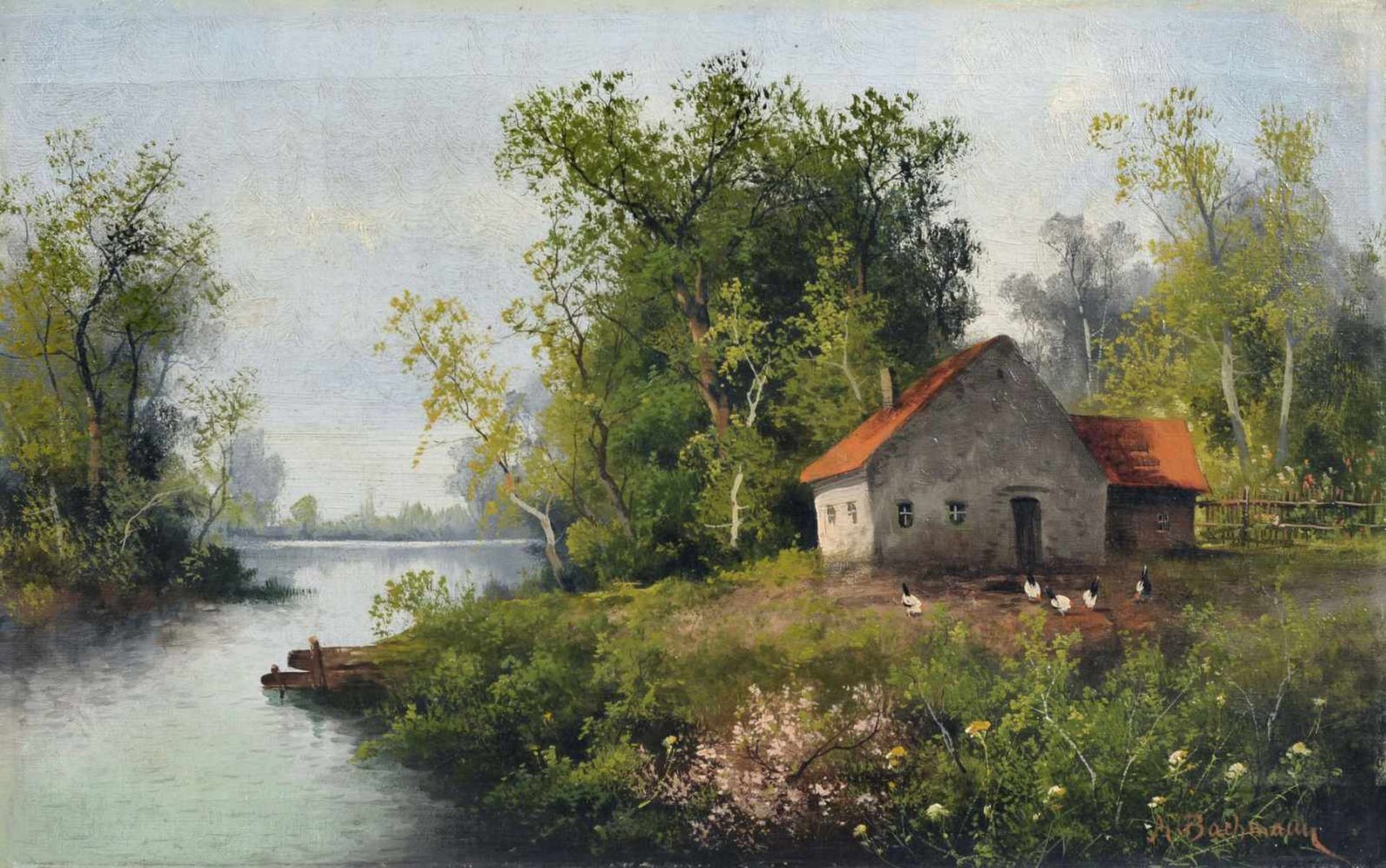 Minna Bachmann, Gehöft am Fluss. Um 1880. Öl auf Leinwand. Signiert "M. Bachmann" u.re. In einer