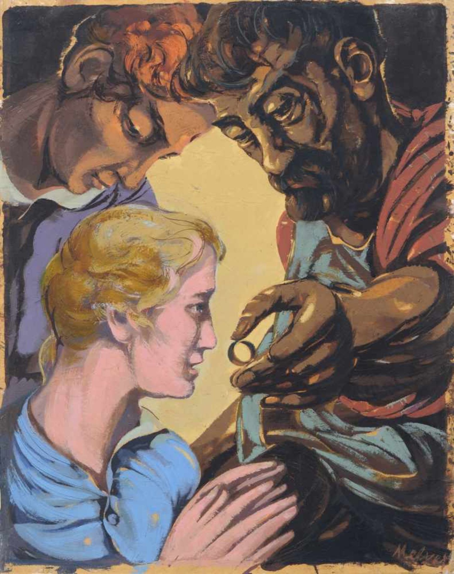 Moritz Melzer, Ringübergabe (Biblische Szene mit drei Figuren). Wohl um 1960. Öl und Tempera auf