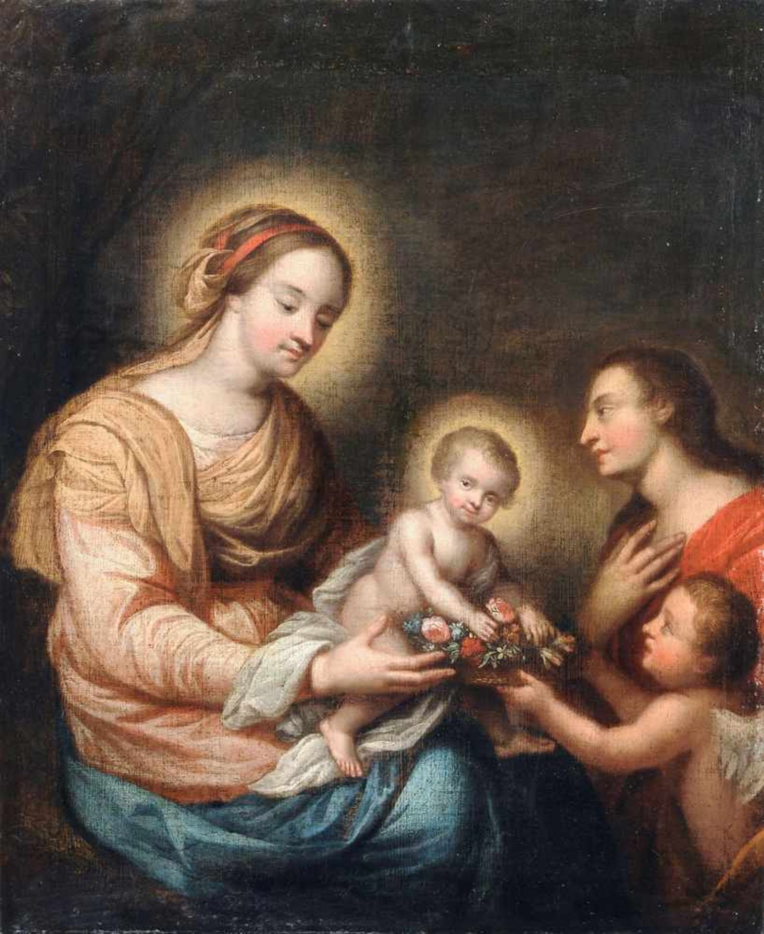 Deutscher Maler, Maria mit Jesusknaben, Johannes dem Täufer und Engel. Ende 18. Jh. Öl auf Leinwand.