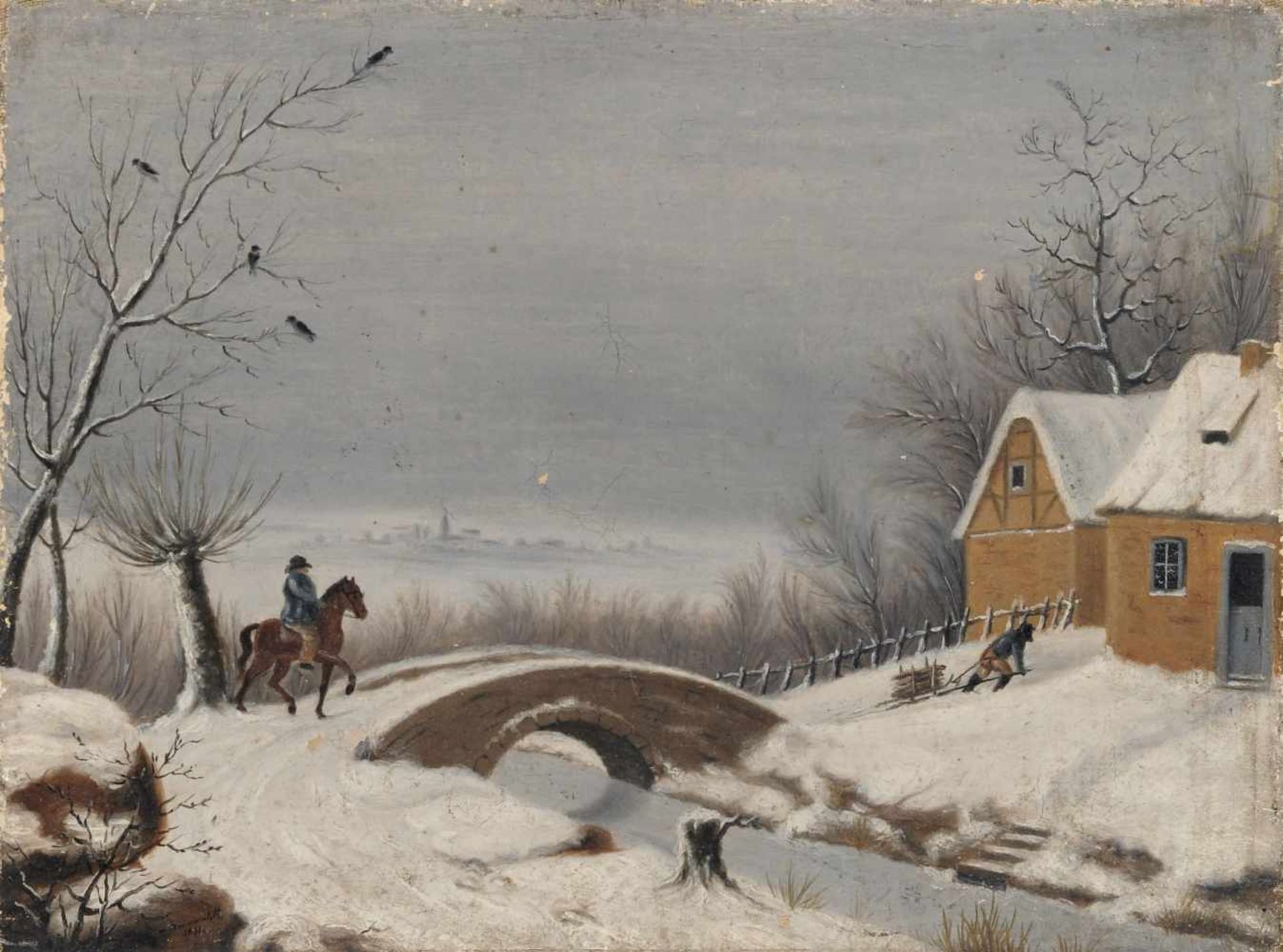 Wilhelm Steuerwaldt, Reiter auf dem Weg nach Halberstadt (?) in winterlicher Landschaft. 1831. Öl