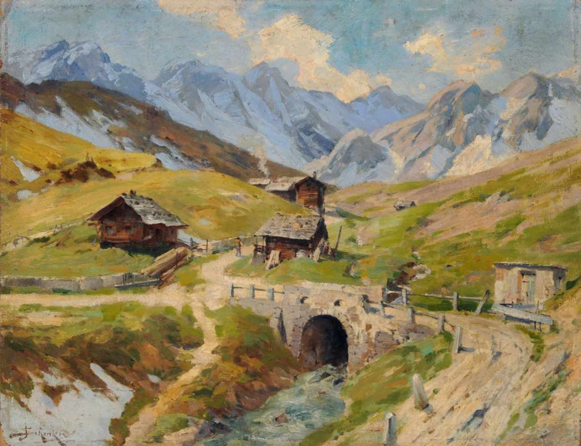 Jacques Matthias Schenker, Stausee im Zillertal. Frühes 20. Jh. Öl auf Malpappe, vollflächig auf