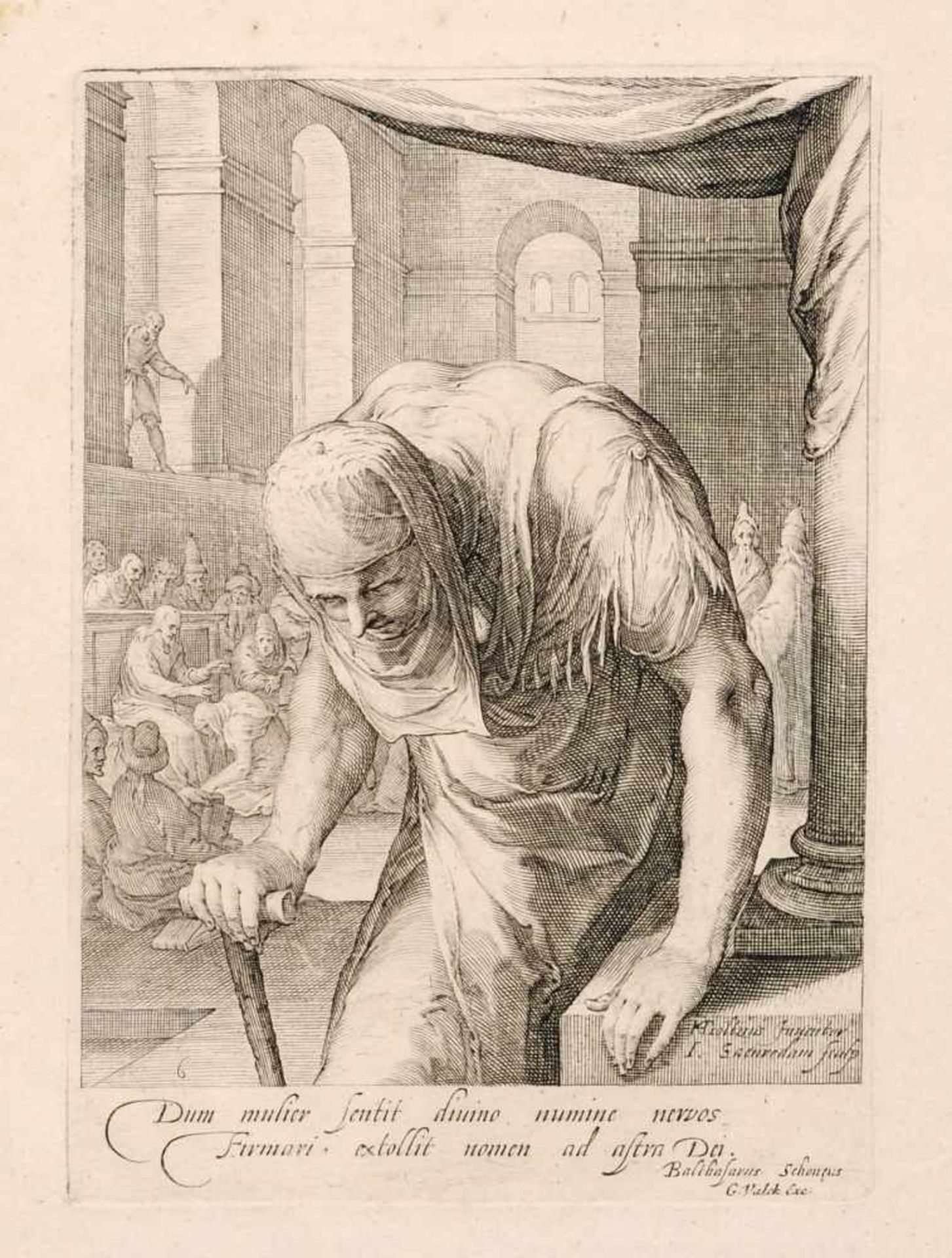 Jan Saenredam "Die Blutkranke Frau" / "Die Gichtbrüchige". 1593-1595. Kupferstiche auf Bütten nach - Bild 2 aus 2