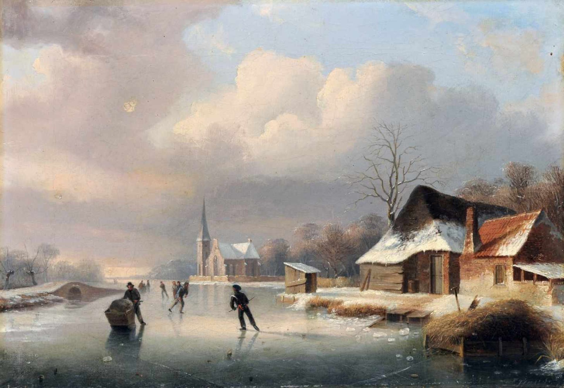 H. M. Haus, Winterlandschaft mit Eisläufern. Anfang 19. Jh. Öl auf Leinwand. Signiert "Haus." u.