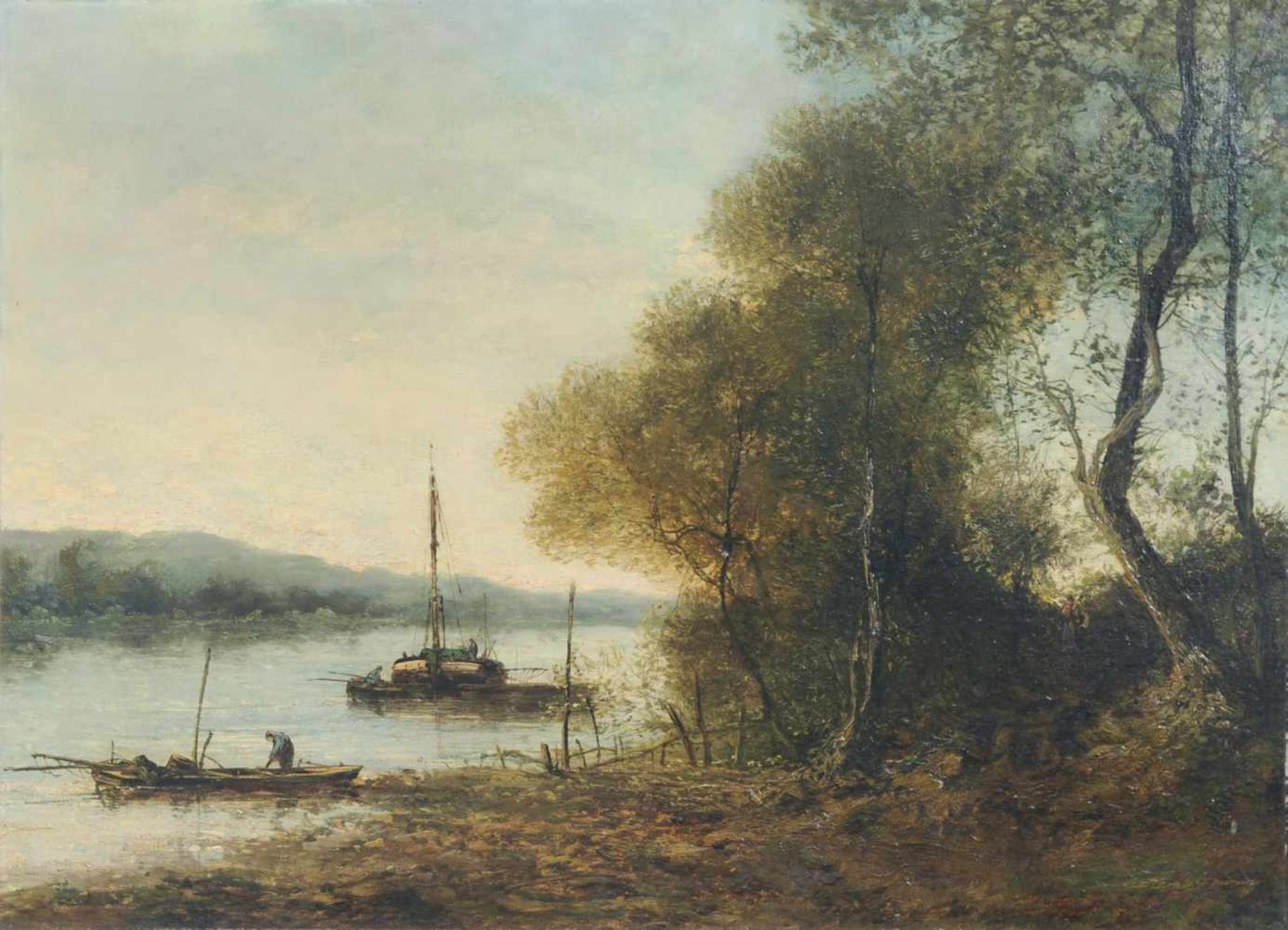 Henri Gounin, Abendstimmung am Fluss mit Fischerbooten. Ende 19. Jh. Öl auf Leinwand. Signiert "C.