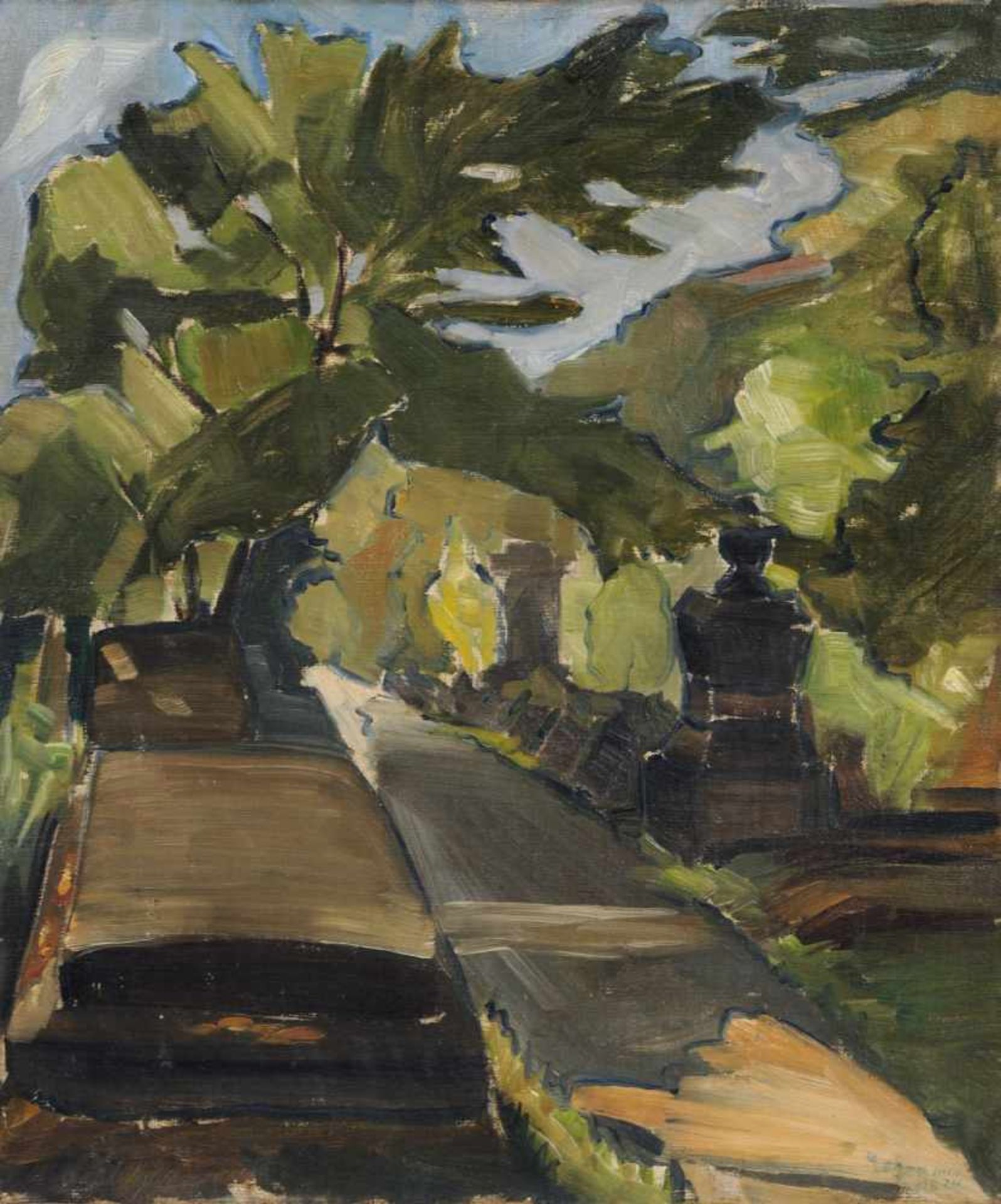 J. Schramm "Studie Ehrenfriedhof". 1934. Öl auf Leinwand. In Kugelschreiber signiert "J. Schramm"