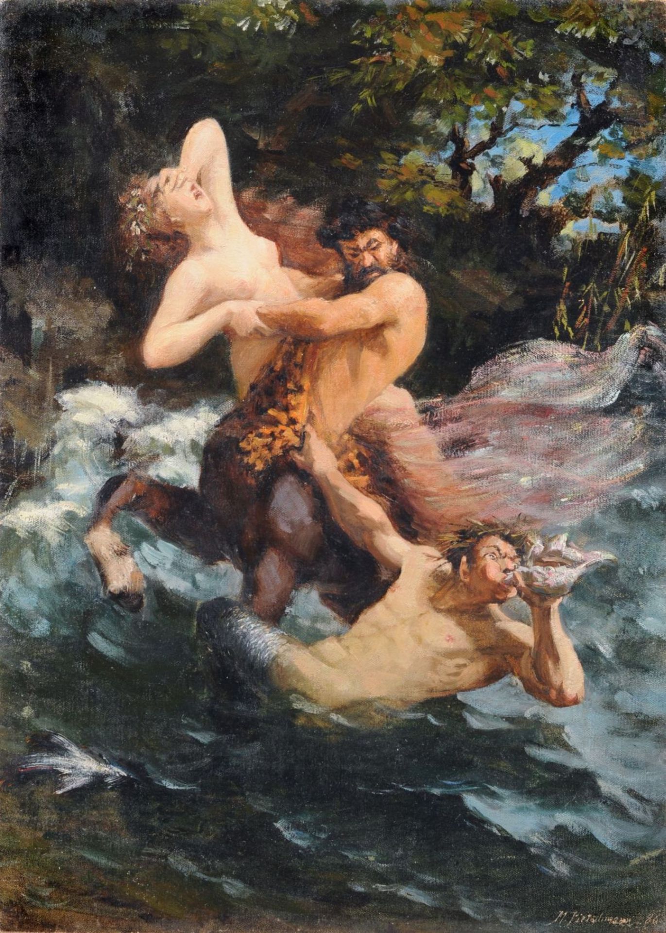 Max Pietschmann, Ein Kentaur, eine Nymphe entführend, im Kampf mit dem Meeresgott Triton. 1886. Öl