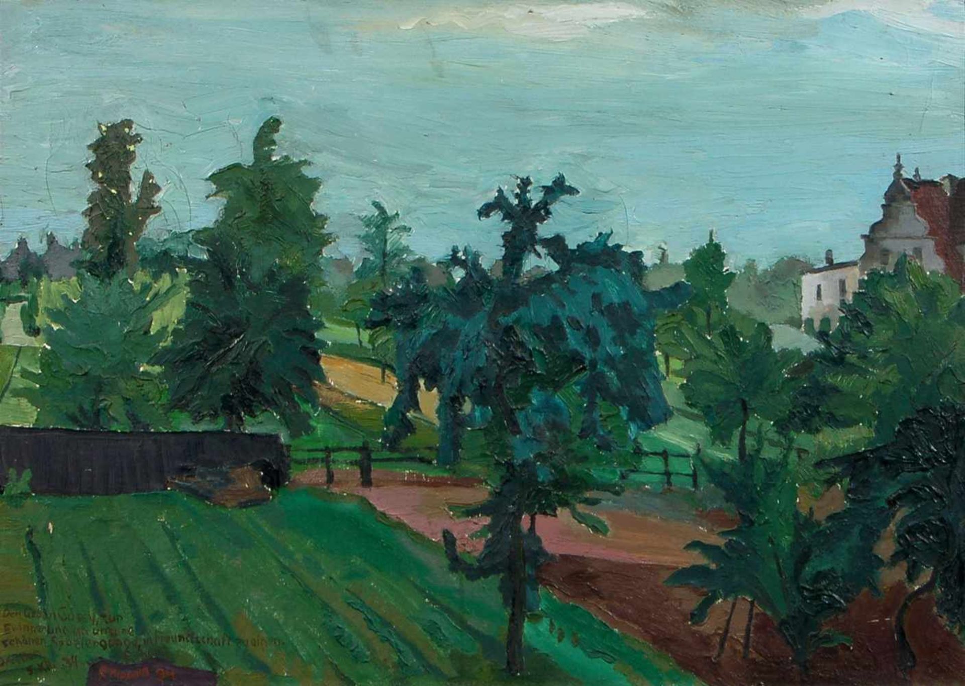 Erhard Hippold, Gärten in Radebeul mit Blick auf das Bennoschlößchen. 1934. Öl auf Leinwand.