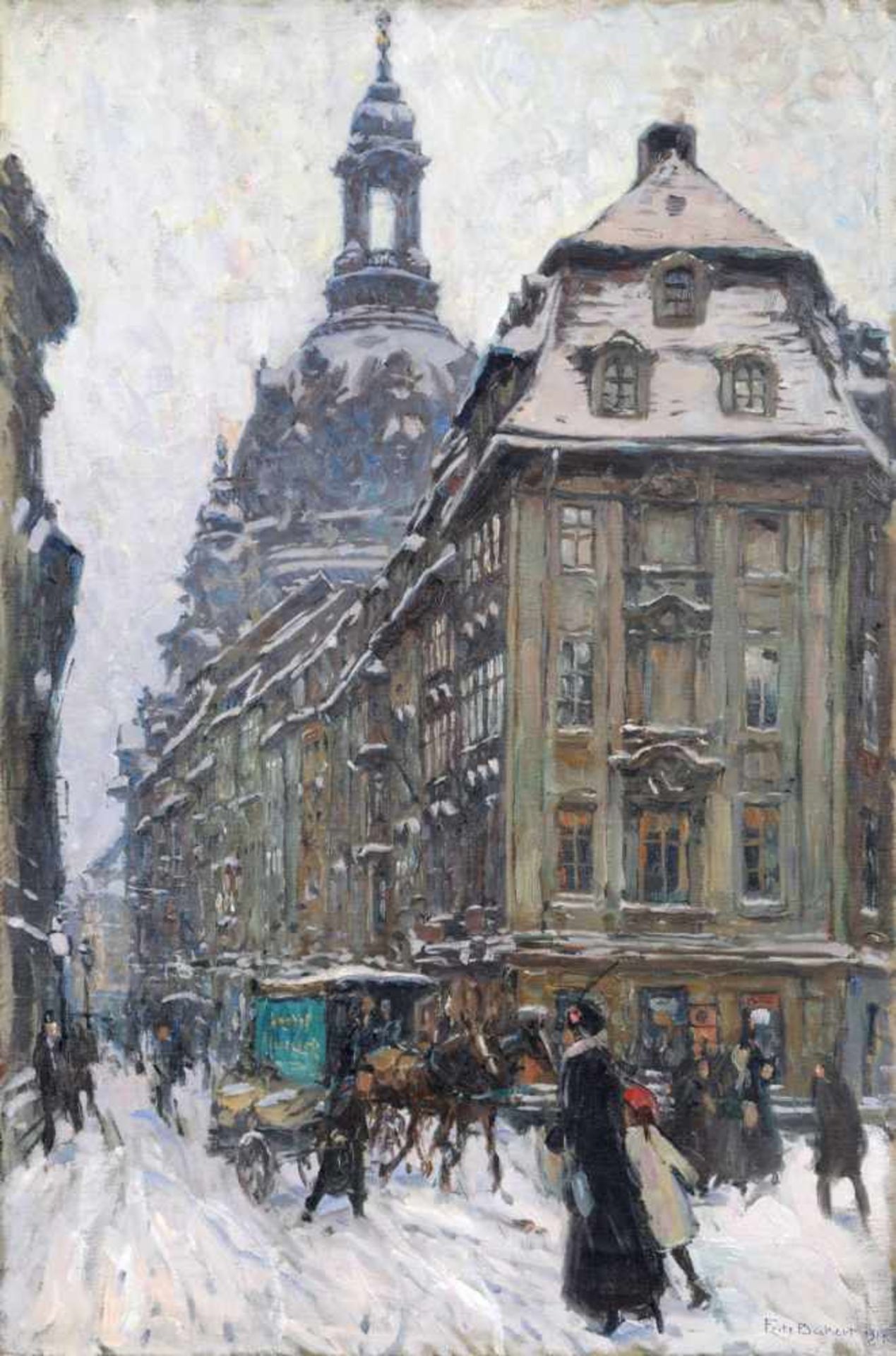 Fritz Beckert, Dresden - Rampische Straße mit Blick auf die Frauenkirche. 1917. Öl auf Leinwand.