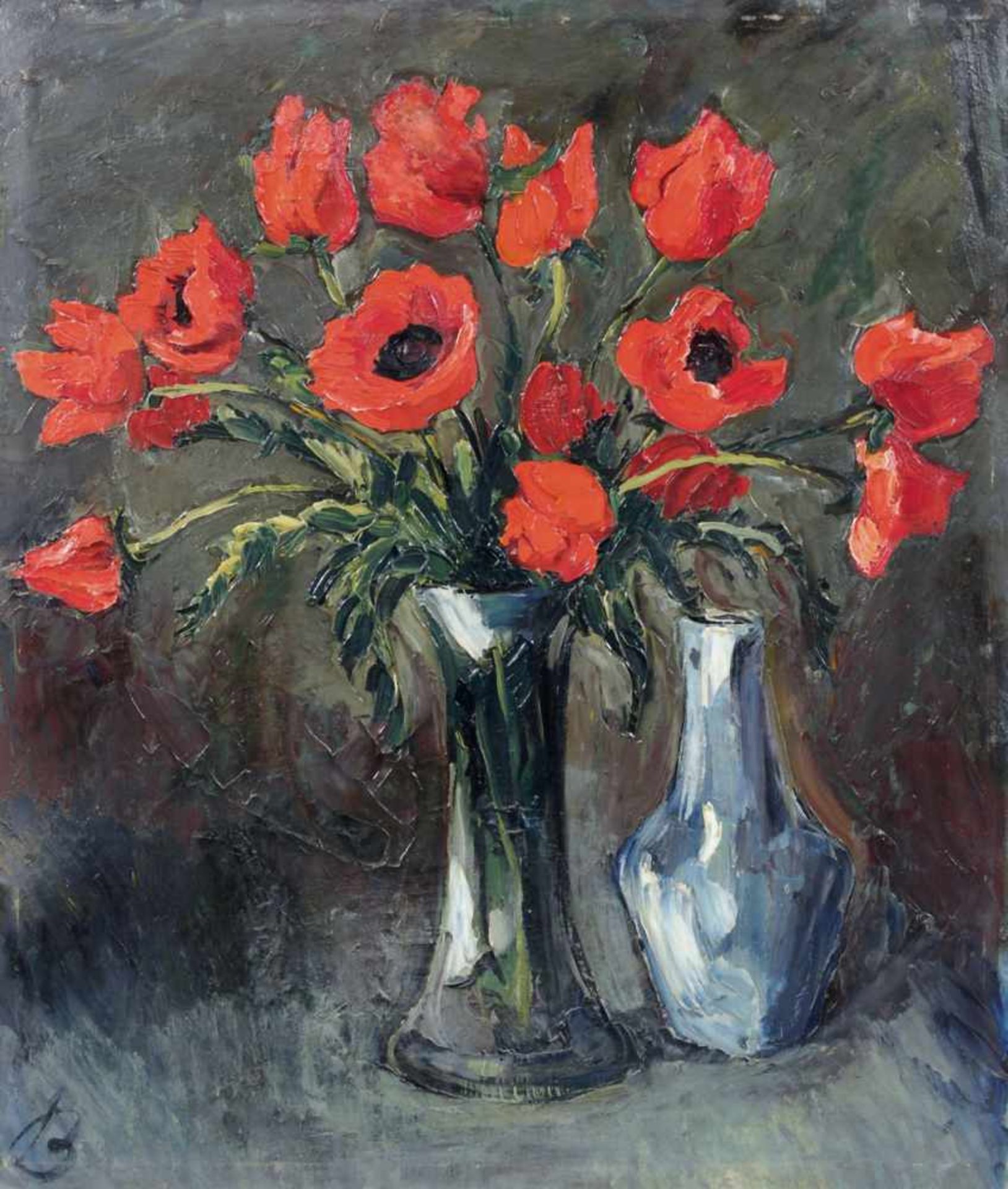 Johannes Beutner, Stillleben mit Klatschmohn. Wohl frühe 1920er Jahre. Öl auf Malpappe. Ligiert