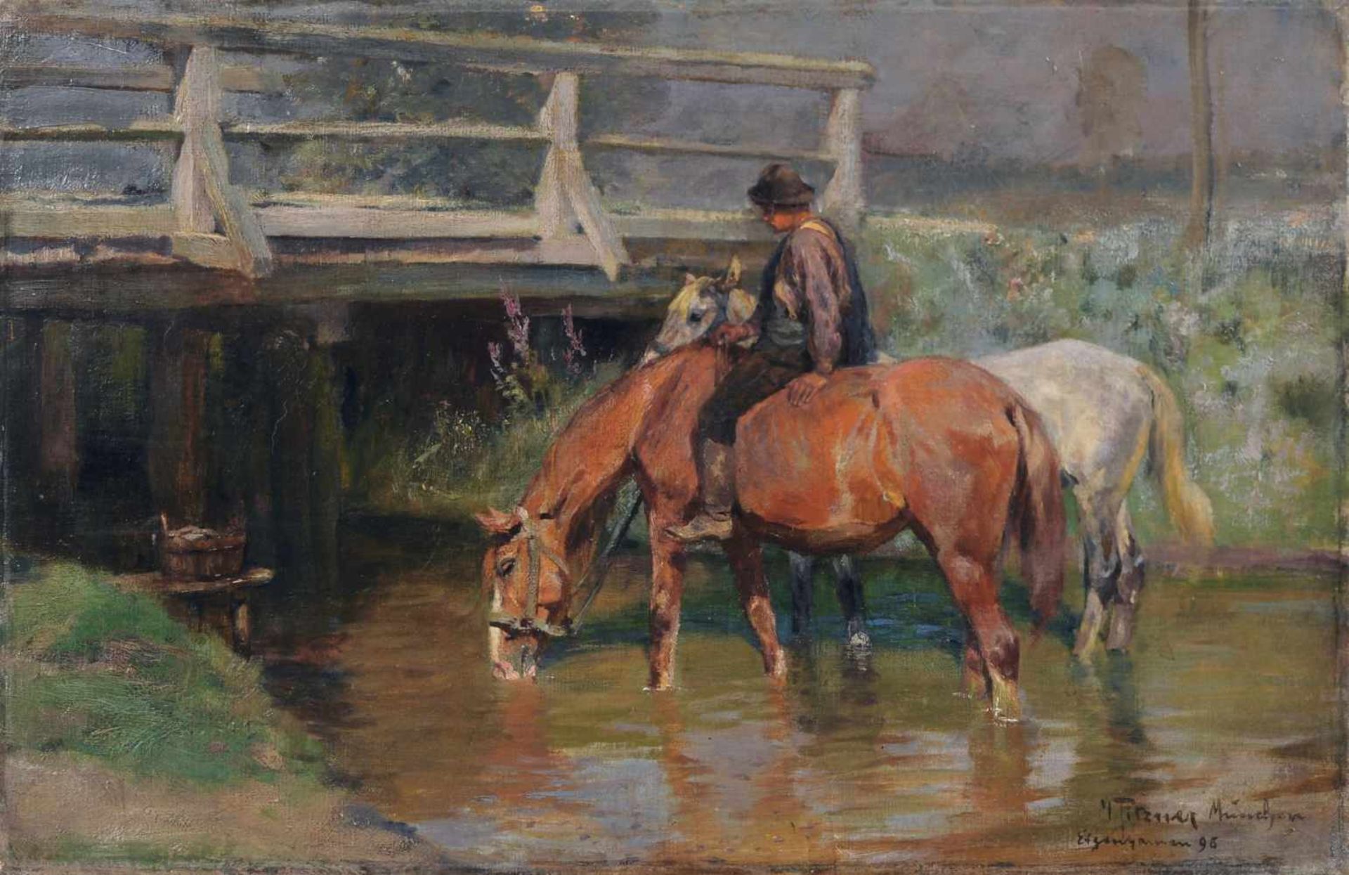 Max Joseph Pitzner, Trinkende Pferde vor einer Brücke. 1898. Öl auf Leinwand. Signiert "M. Pitzner",