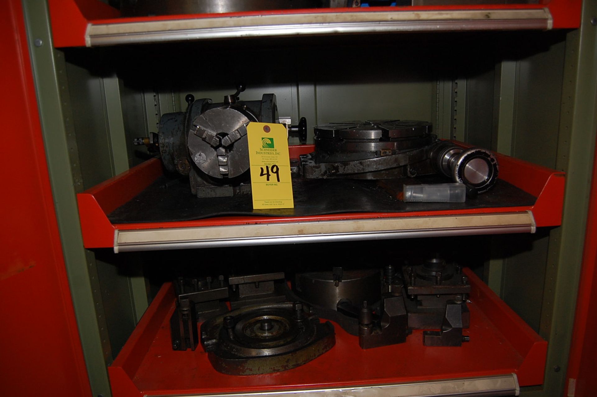 Rousseau Roller Drawer Cabinet w/Contents, Dividing Head, Swivel Base, Lathe Chuck, Assorted Vises - Image 3 of 3