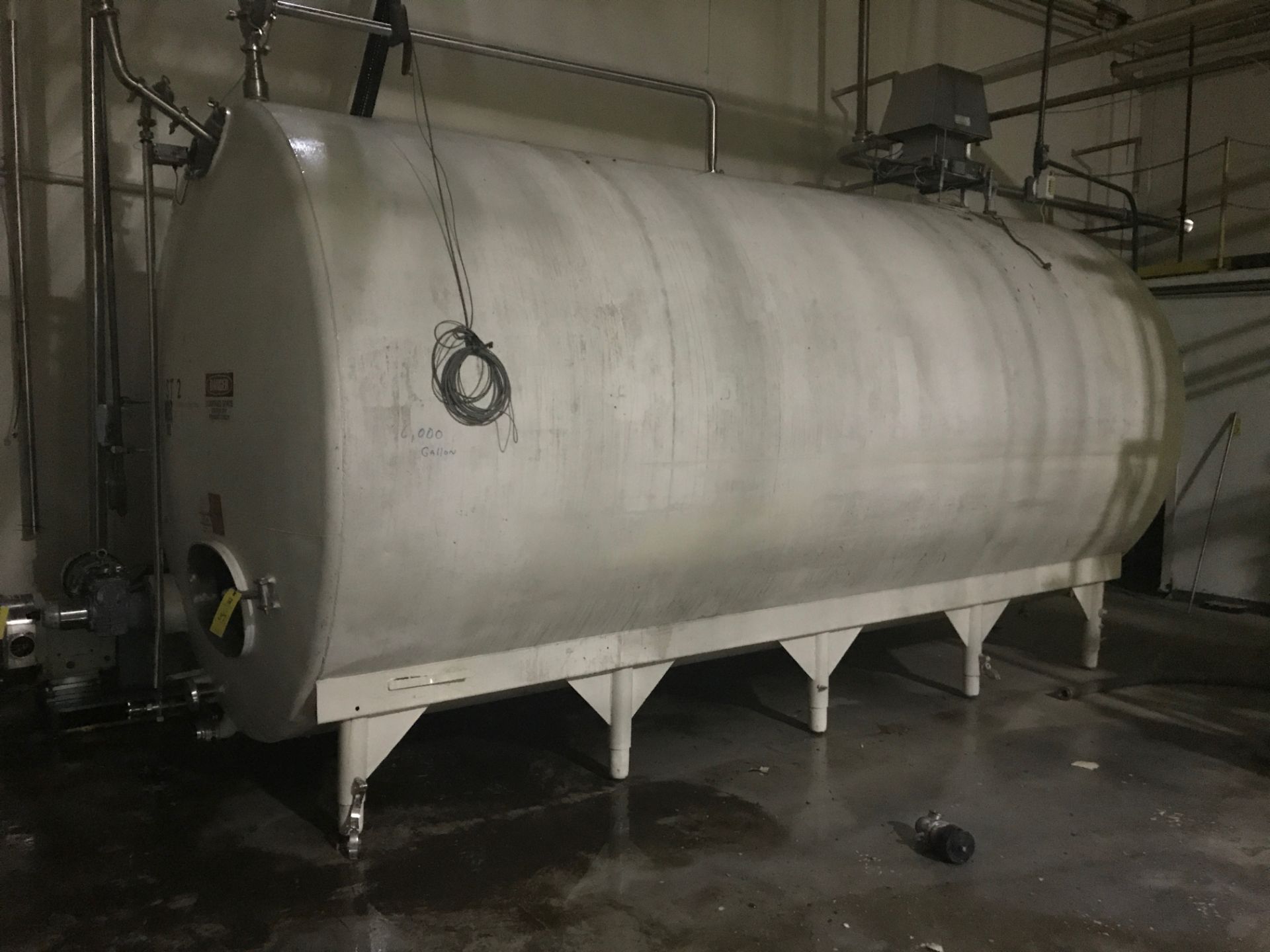 DCI 6,000 Gal. Jacketed Agitated Syrup Hold Tank, 8 ft. Diameter x 18 ft. Long with Spray Ball,