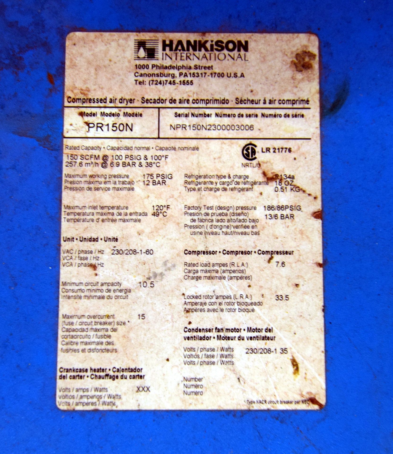 Hankison Compressed Air Dryer, Model PR150N. Rated 150 SCFM at 100 PSIG & 100 degrees F. Serial# - Image 4 of 6