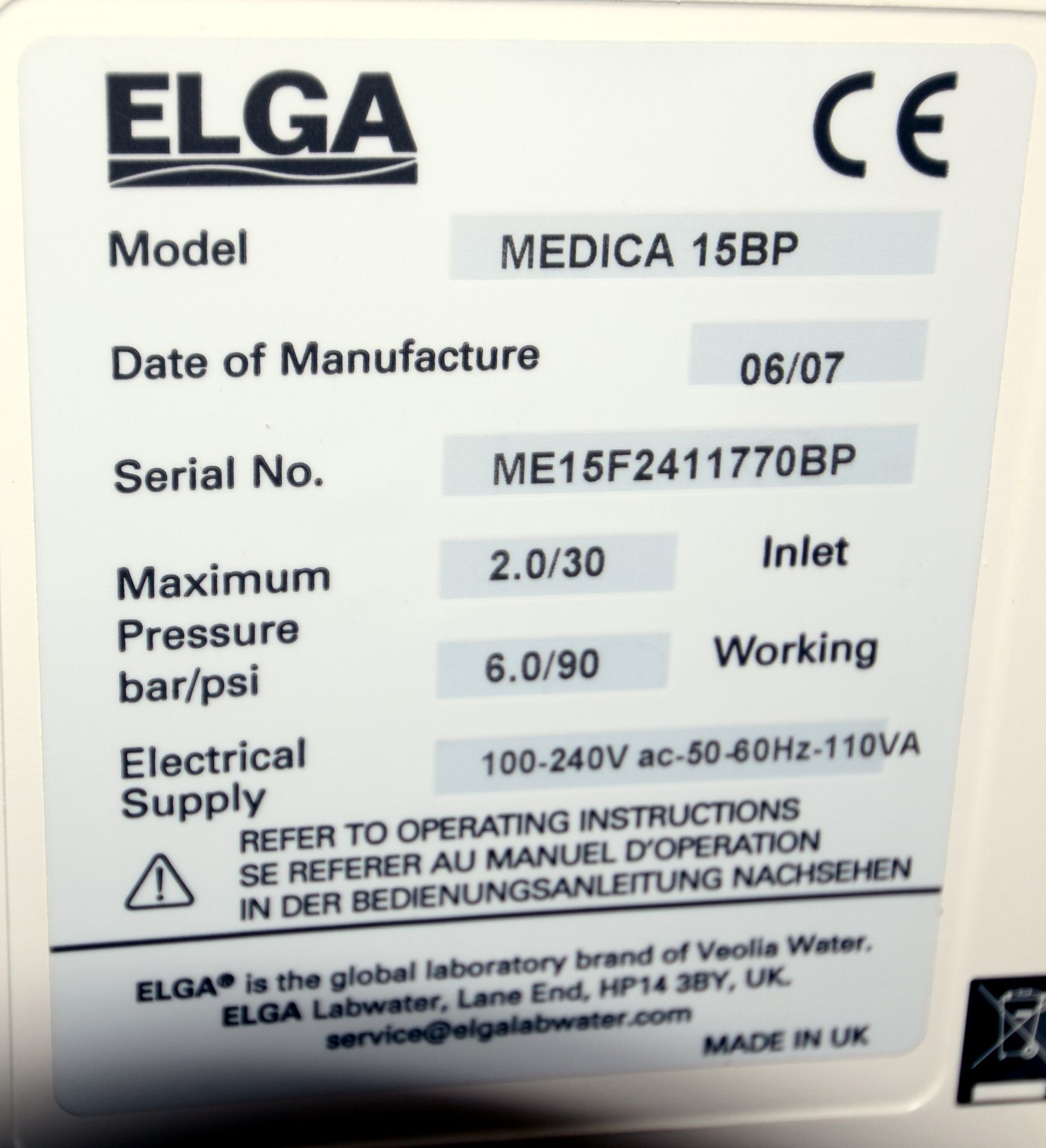 Elga Water Purification System, Model Medica 15 BP, Serial# ME15F2411770BP, Built 2007. LOADING FEE - Image 4 of 5