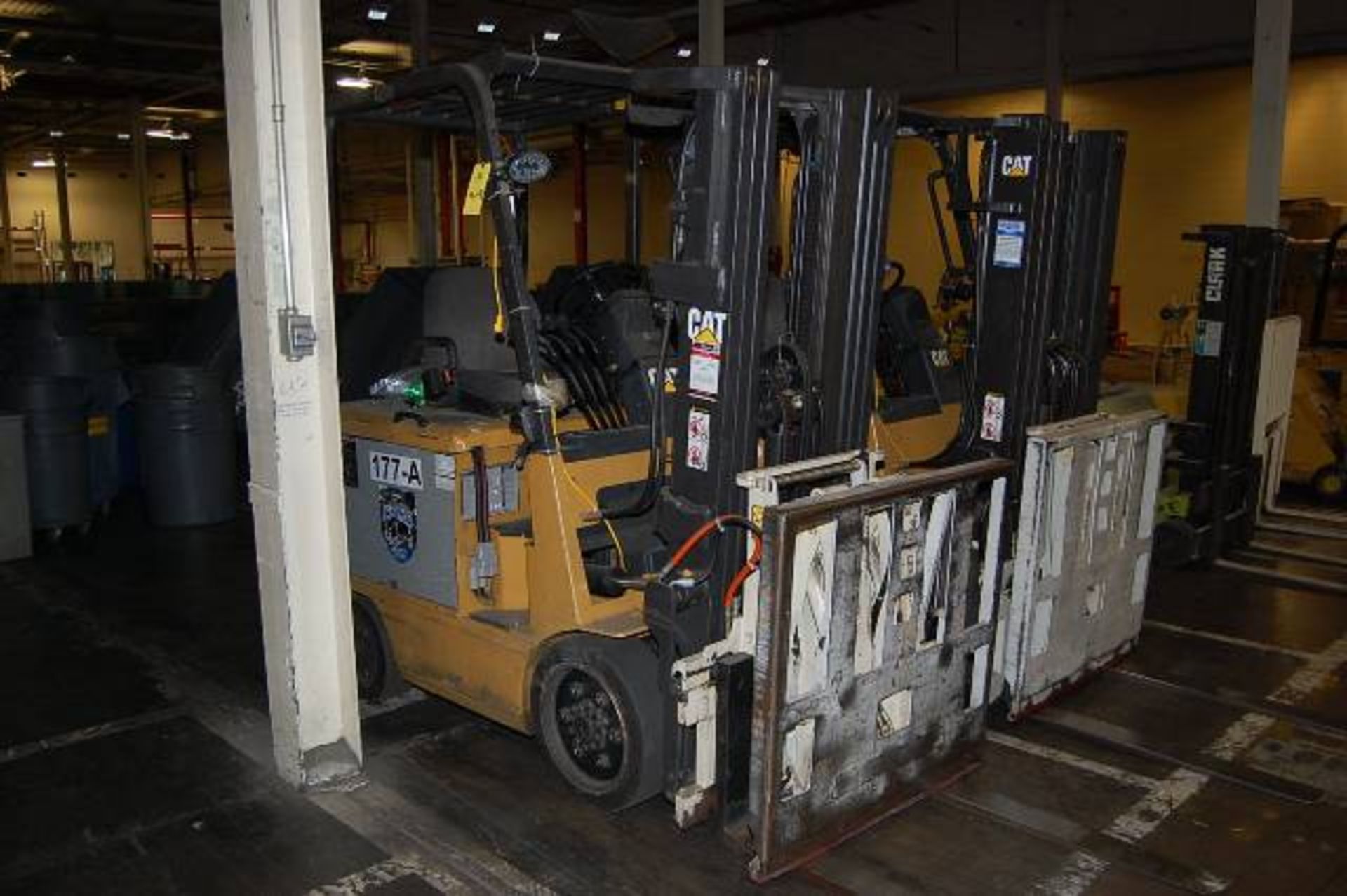 Caterpillar Model #2EC25 Electric Fork Lift, Rated 5000 lbs. Capacity, Side Shift, Solid Tires,