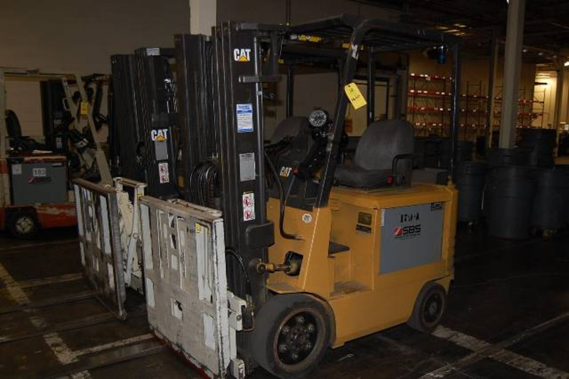 Caterpillar Model #2EC25 Electric Fork Lift, Rated 5000 lbs. Capacity, Side Shift, Solid Tires,