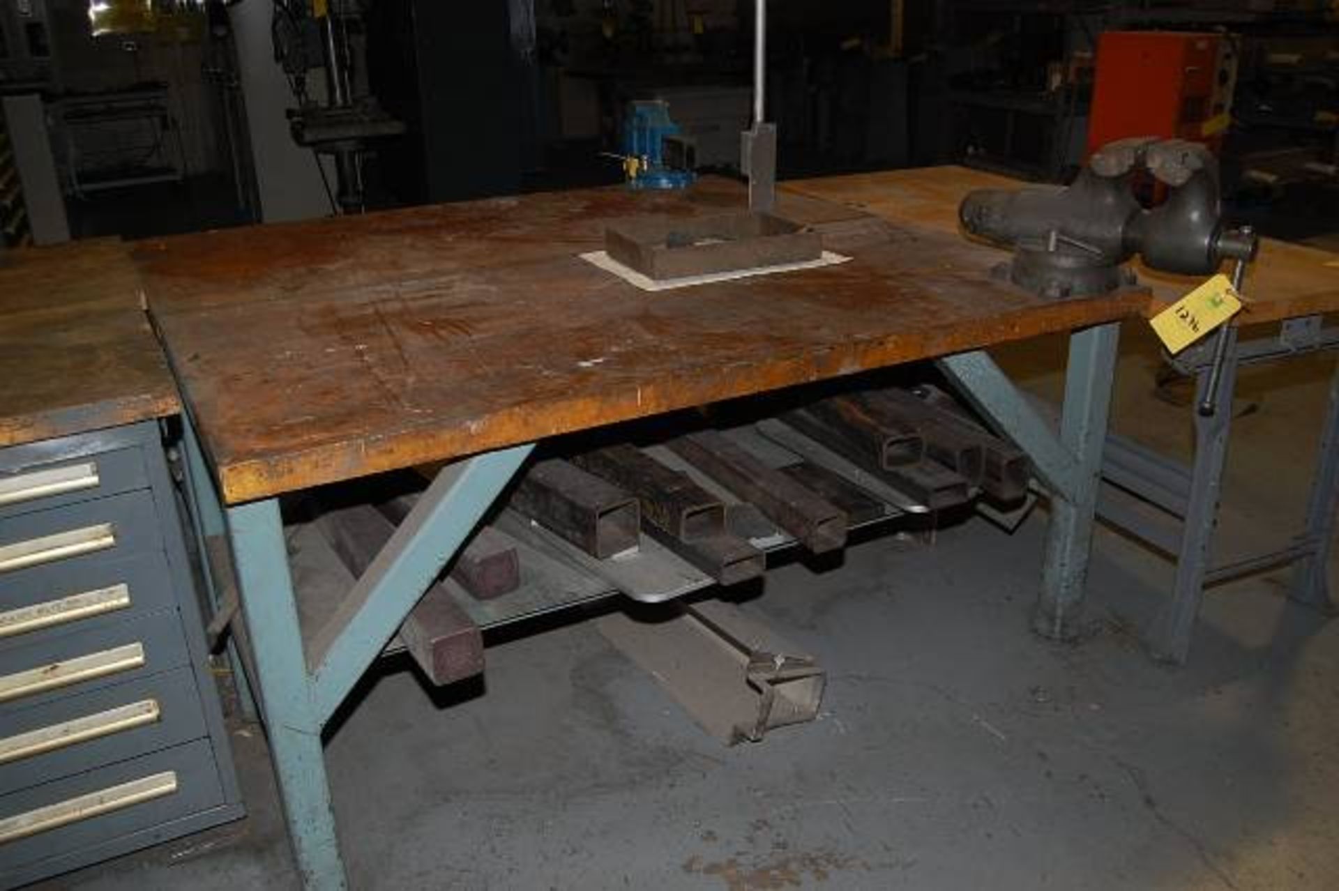 Work Table, 72 in. x 36 in Butcher Block Type Table Top w/Shop Vise