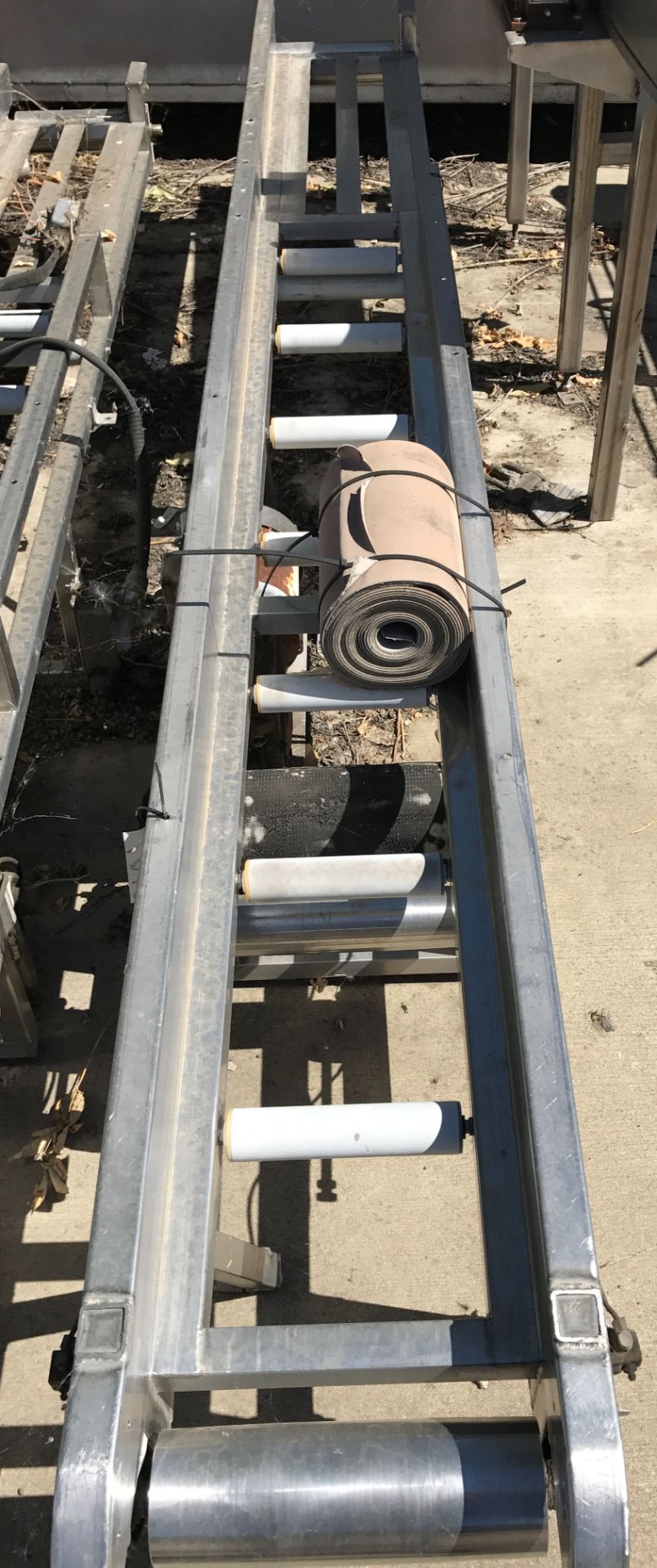 12” wide x 11’ long stainless steel belt conveyor, gearhead chain drive, all stainless steel