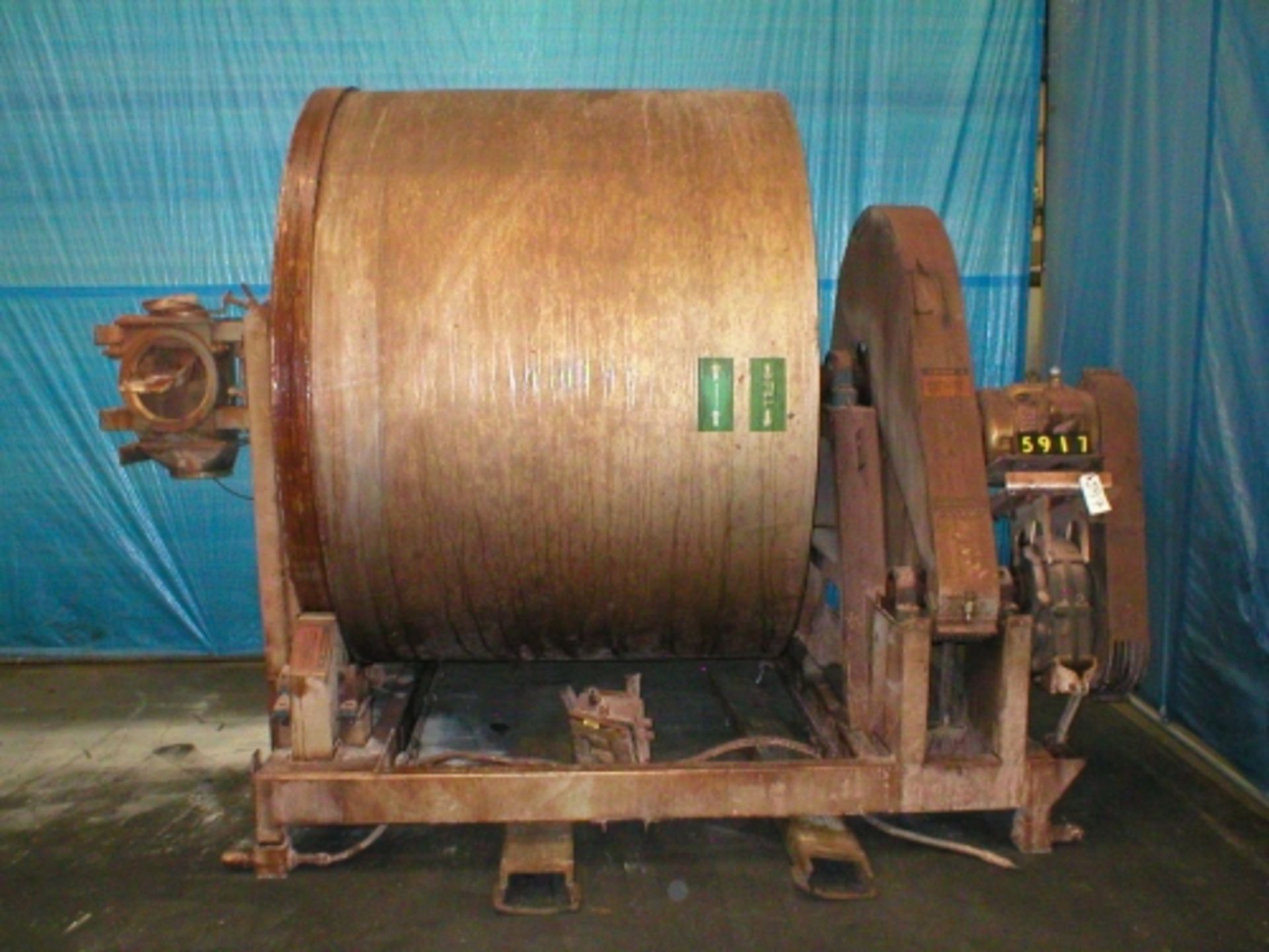 1300 gallon rotary mixer, 80” diameter x 5 ft long, 10 HP chain drive, trunion supported, 12”