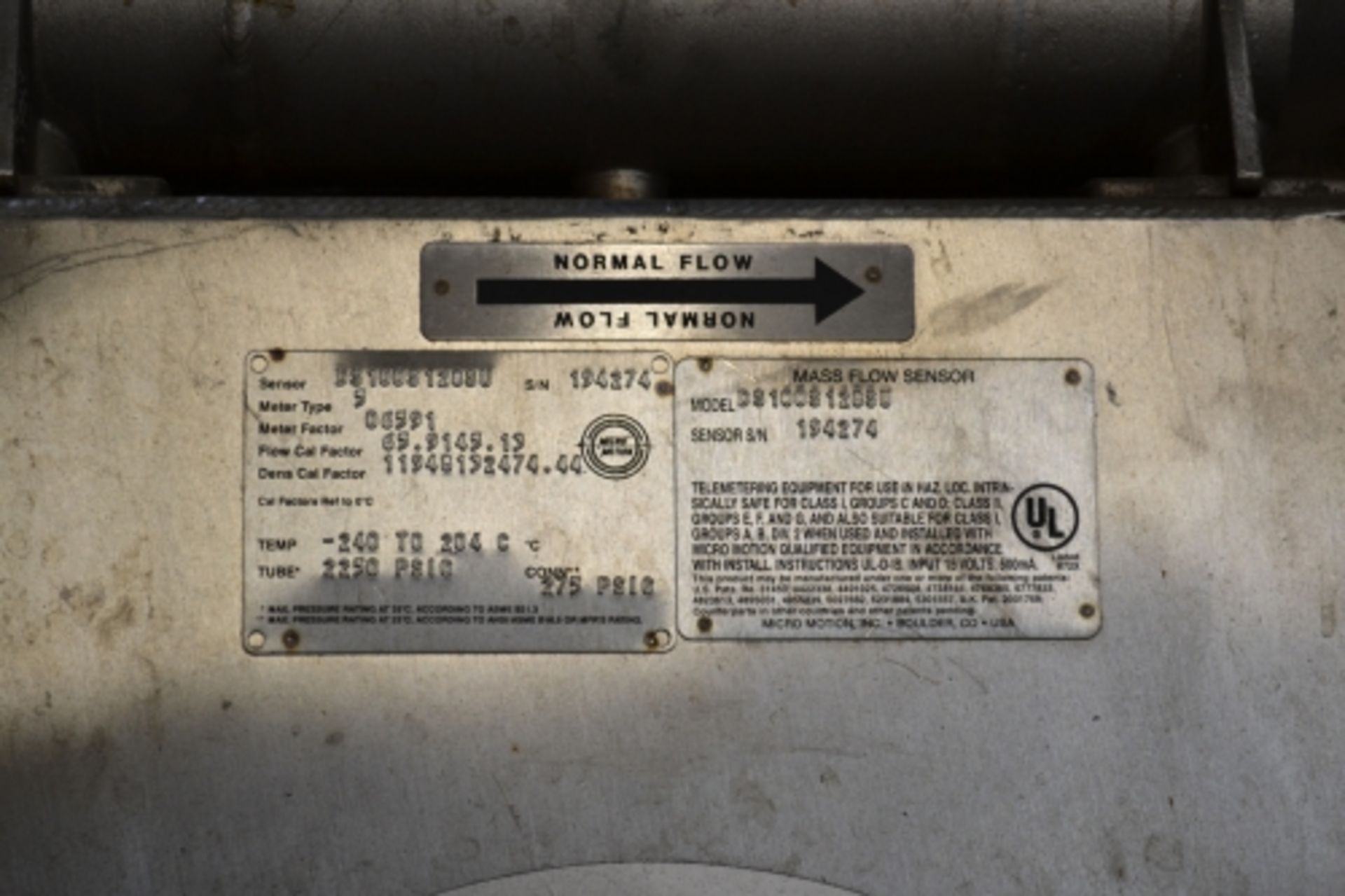 Micro Motion model DS100S128SU flow meter, serial number 194274, capable of handling temperatures of - Image 2 of 2