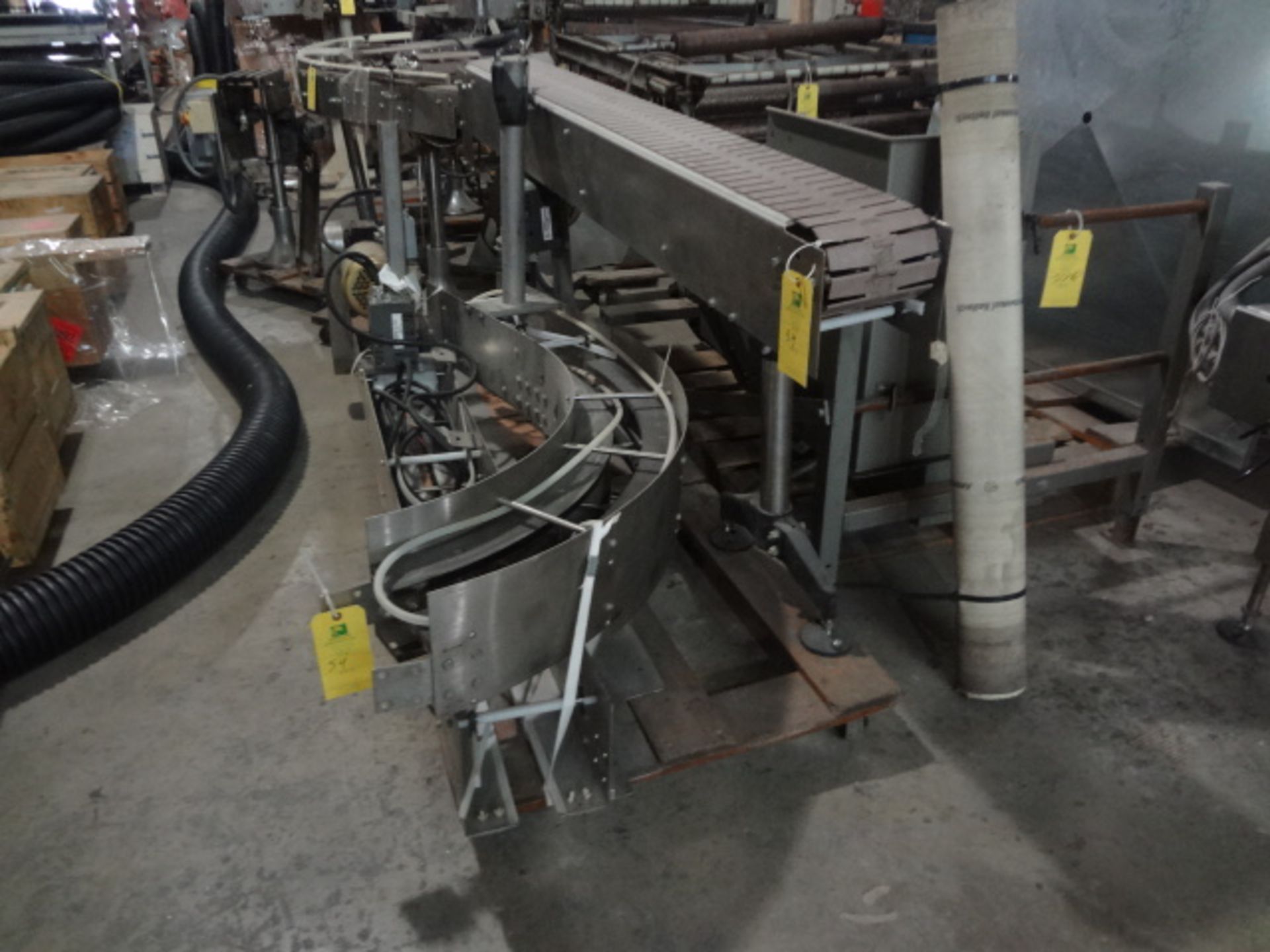 Qty. (4) Plastic Paddle Belt Conveyors 2- 8 in. w. x 80 in. l, 1- 45 Degree Turn, 1- 90 Degree Turn,