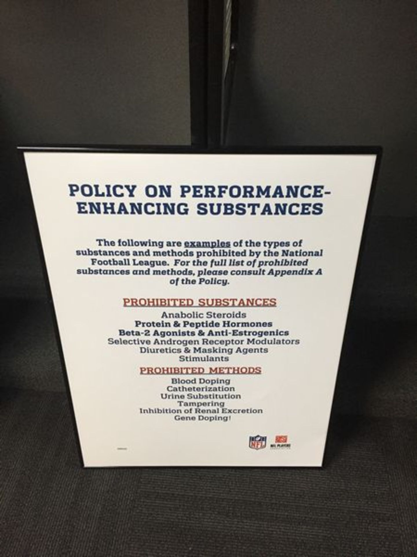 Policy on Performance Enhancing Substances Sign / From Falcons Locker Room / This item includes