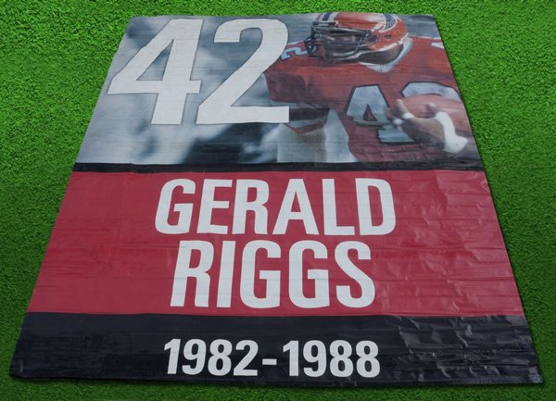 #42 GERALD RIGGS / Authentic & Historic Banner Hung in GA Dome Rafters / Size: 20ft tall x 15ft wide