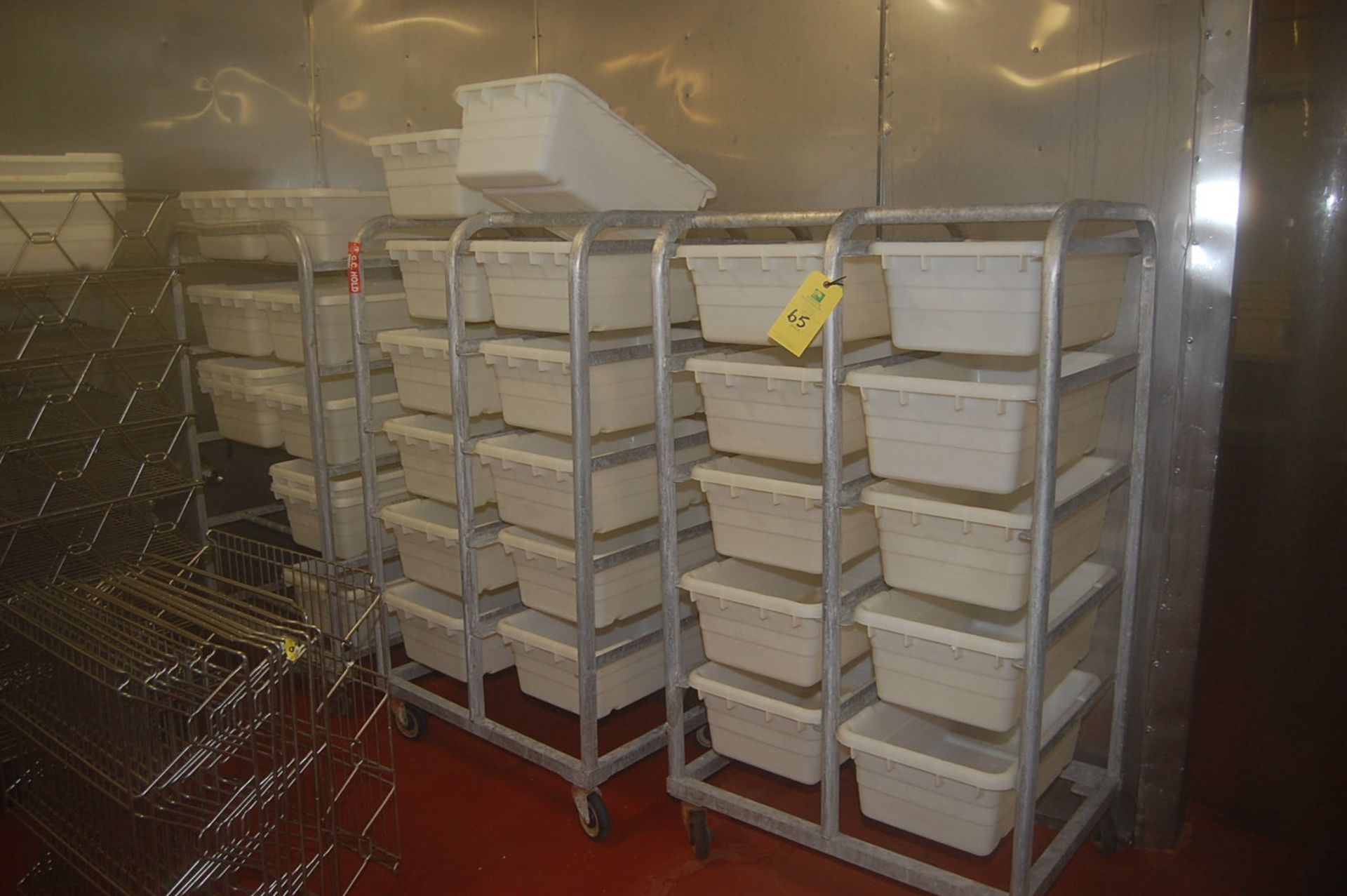 Plant Support, (3) 5-Tier Shelf/Carts w/ 45 White Tubs, RIGGING FEE: $75