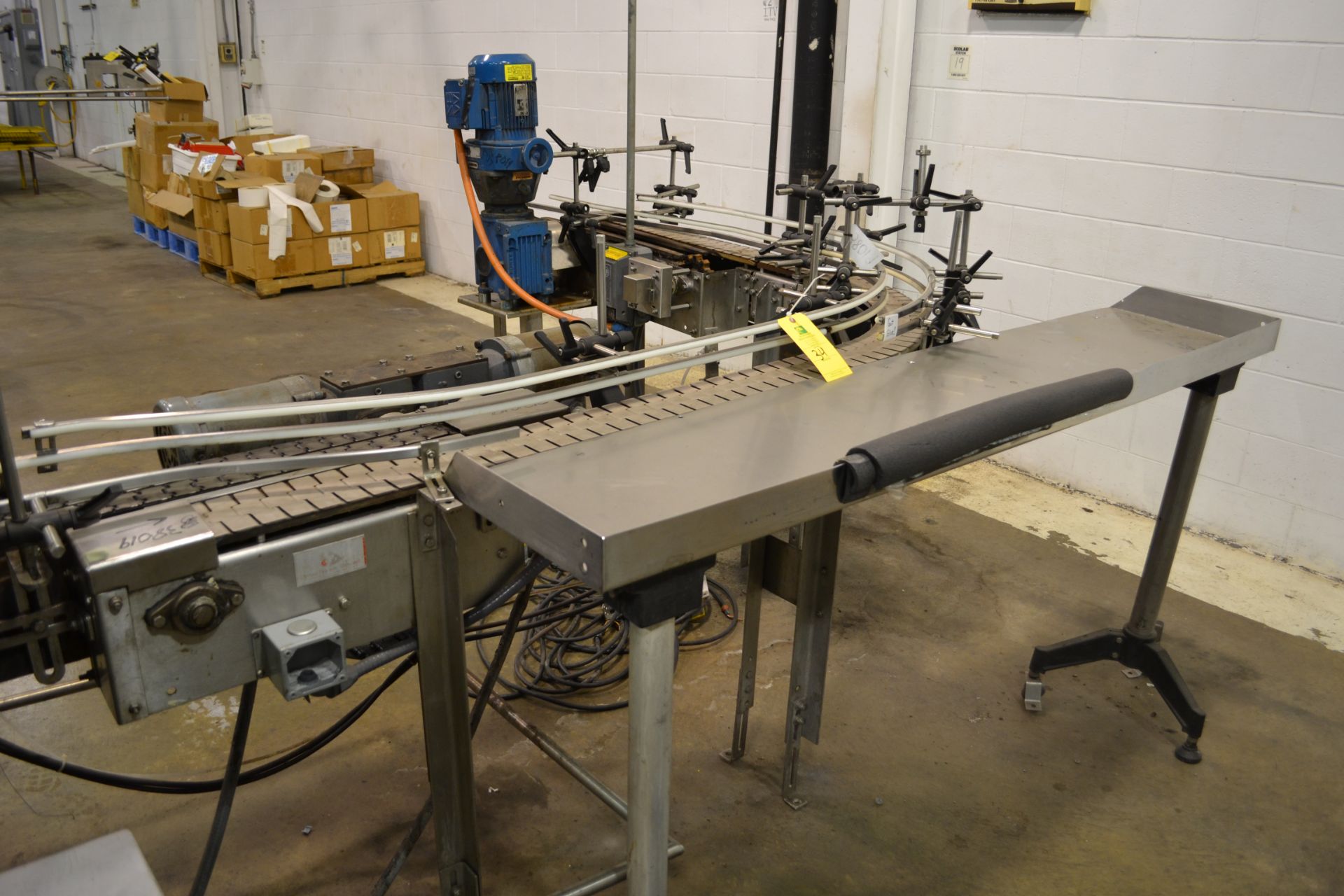 4.5" x 9' stainless steel table top conveyor with plastic belting, L-shaped layout with one 90