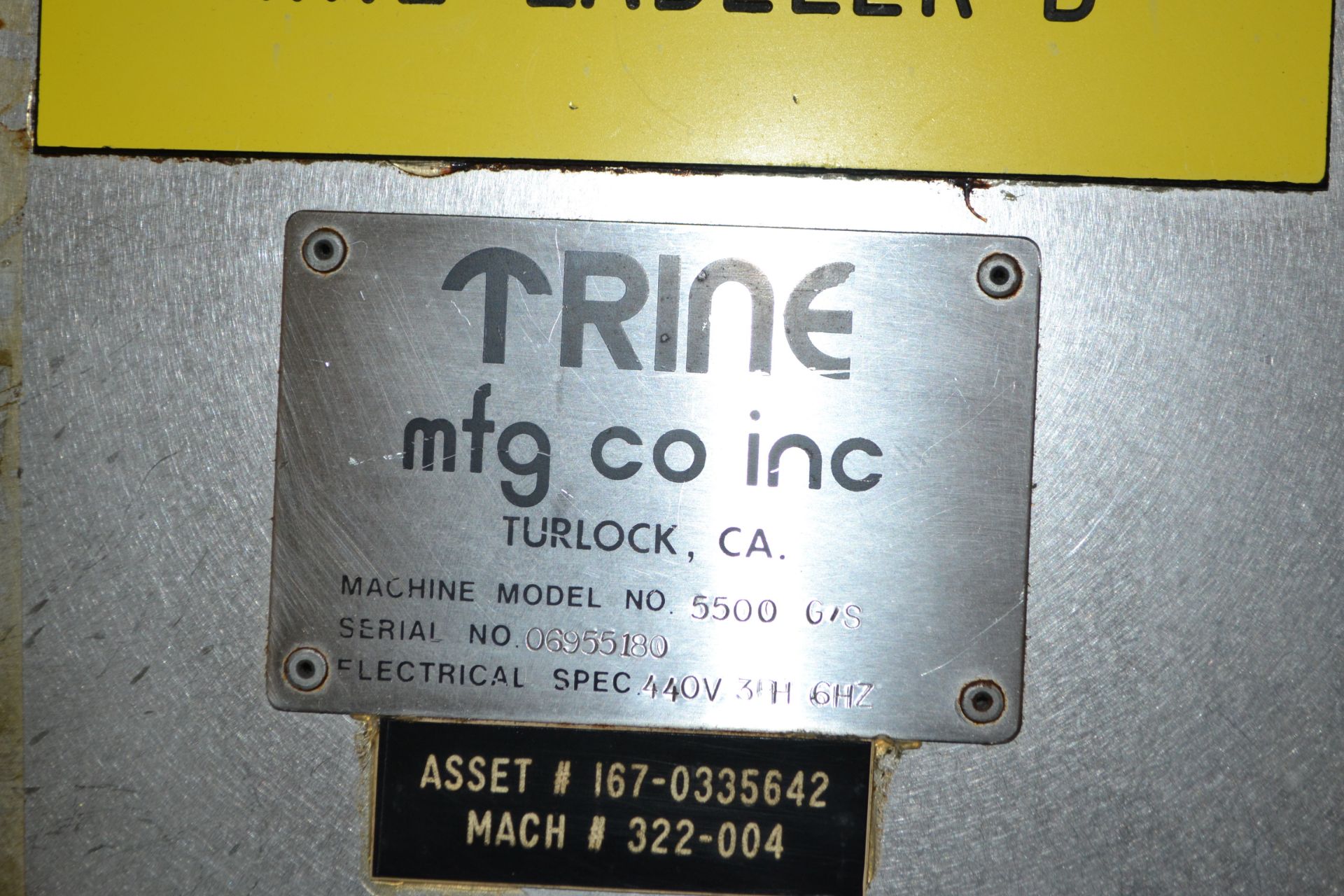 Trine model 5500G/S wraparound plastic film labeler, serial number 06955180, set up for a 211/ - Image 5 of 5