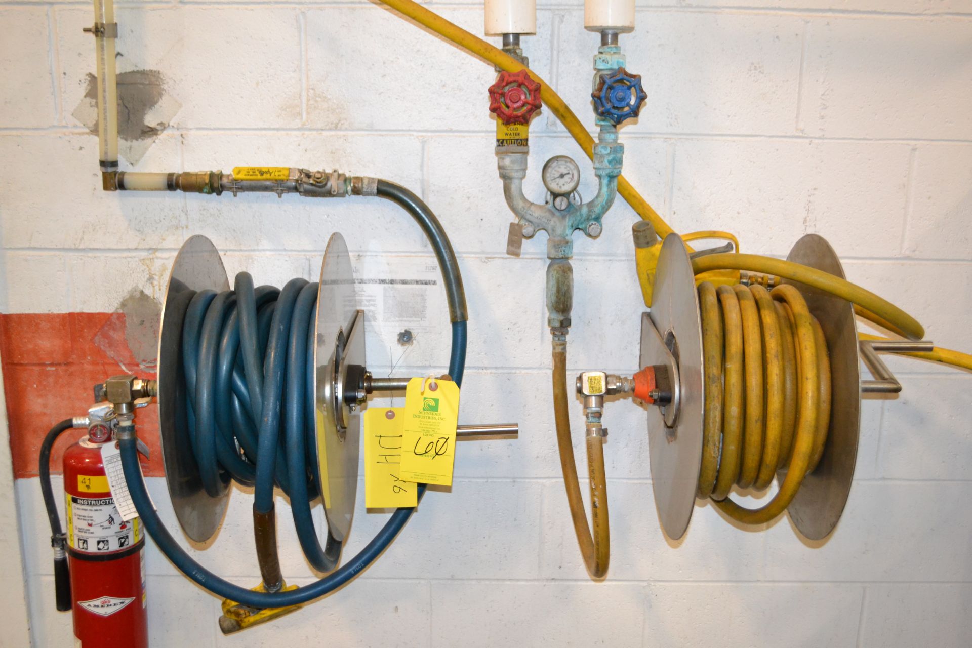 Strahman mixer valve and 2 each stainless steel hose reels, RIGGING FEE $75