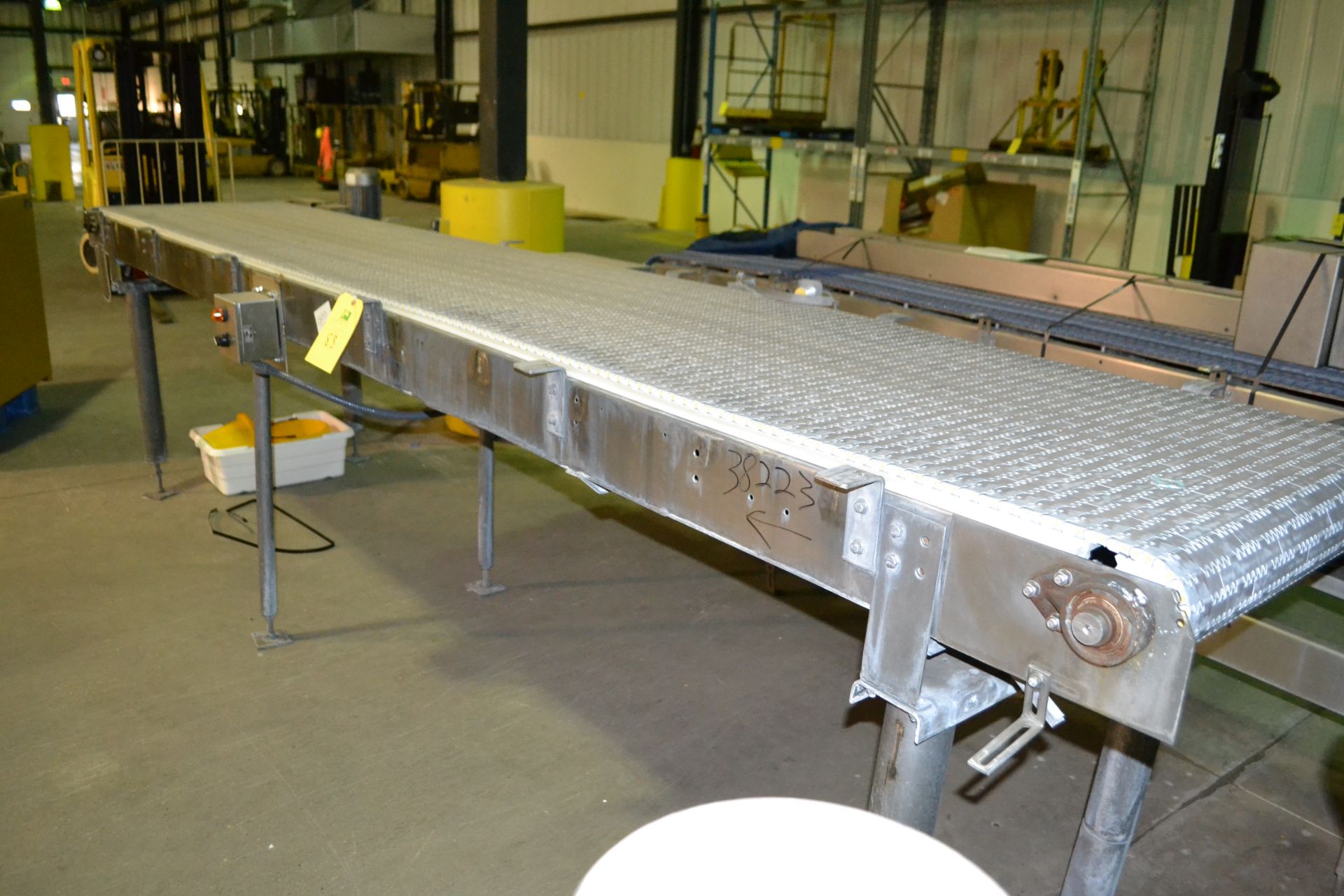 30" wide x 14' thermoplastic conveyor, stainless steel frame, with drive, RIGGING FEE $250