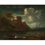 Anonym, 18.Jh. Fischer vor der Burg bei Mondschein. Öl auf Leinwand. 64,5x81,8 cm. - Doubliert,