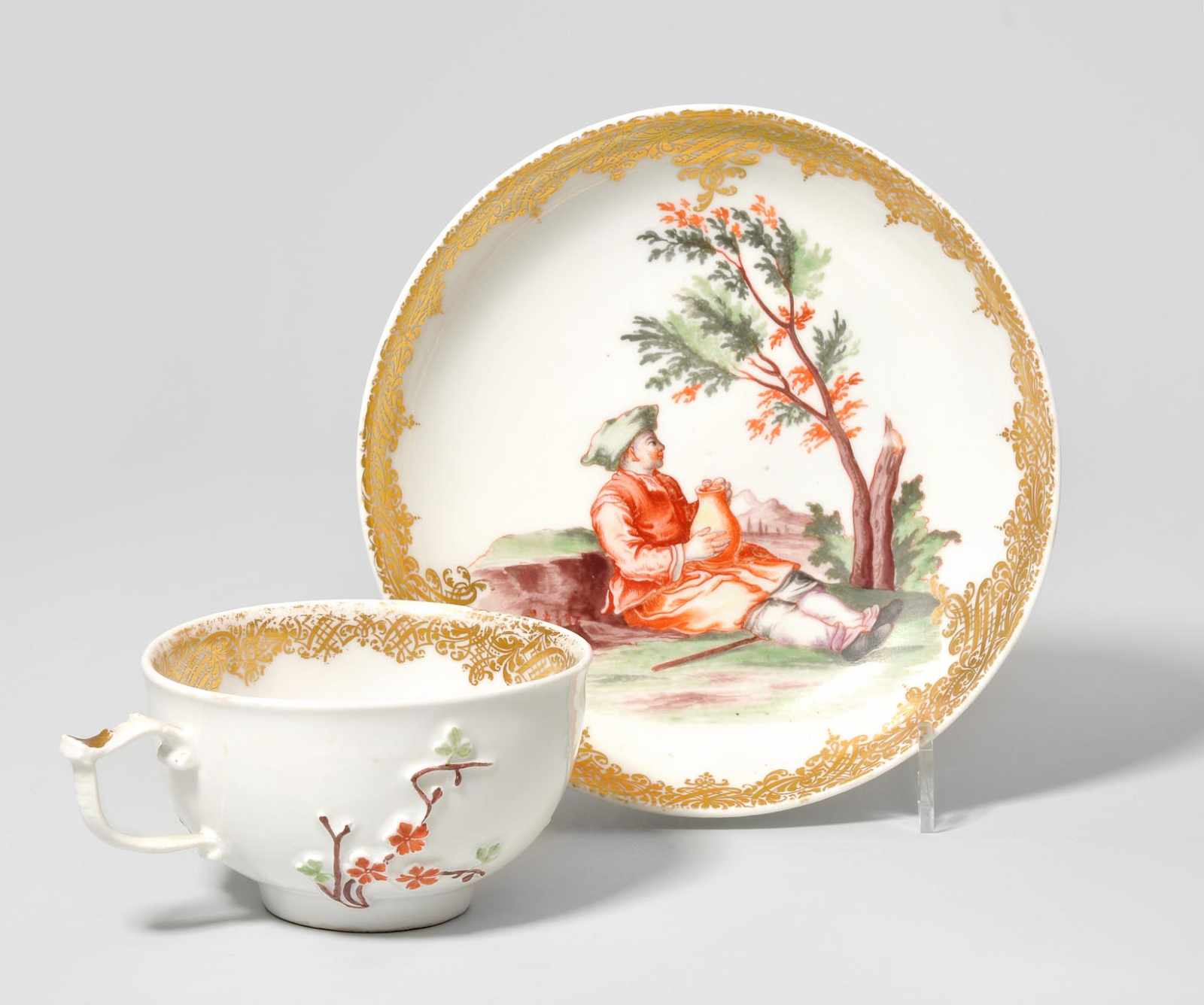 Tasse mit Untertasse, Meissen Um 1750. Hausmalerei in der Art von Mayer-Pressnitz. Porzellan,