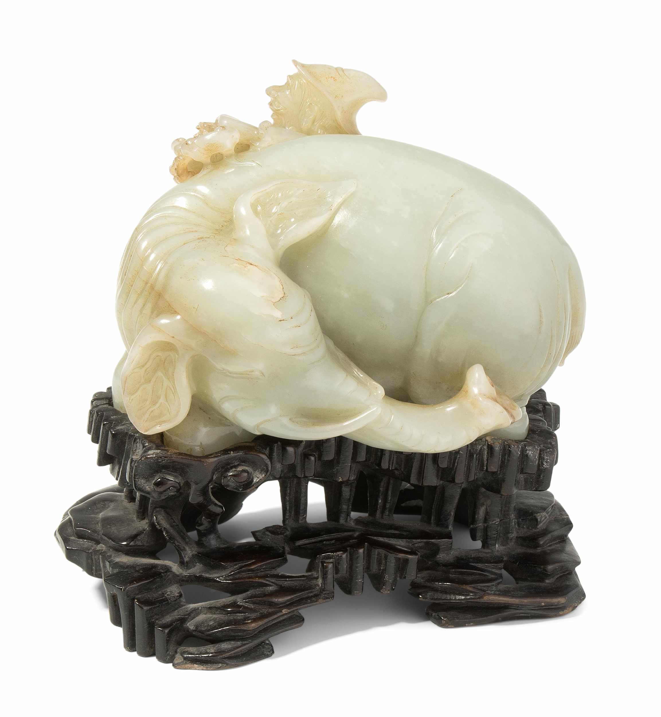 Jadefigur China, 20.Jh. Celadonfarbene Jade. Elefant mit einem zentralasiatischen Mann, eine