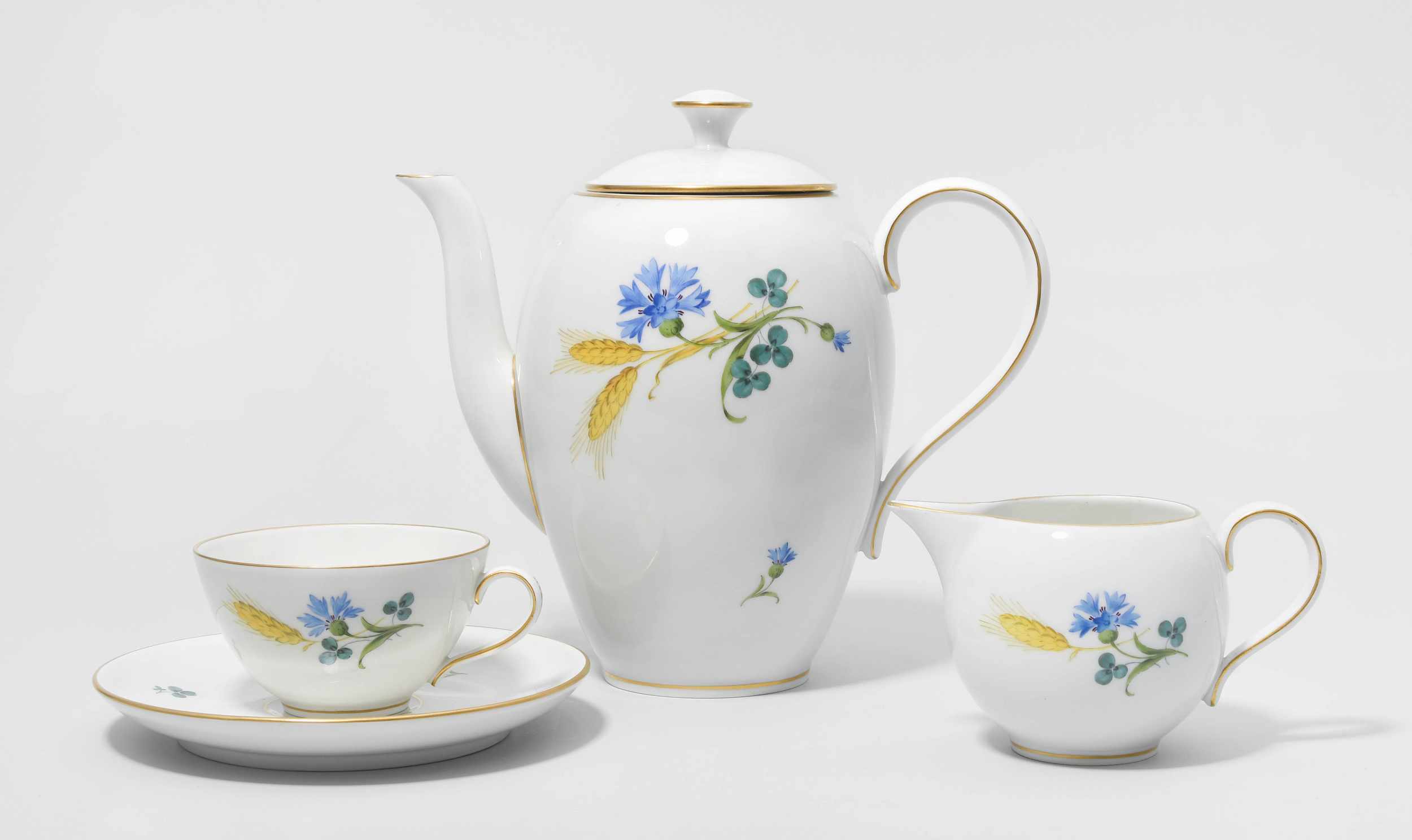 Kaffeeservice, Meissen Anfang 20.Jh. "Kornblumen und Ähren, Goldrand". 1. Wahl. Porzellan.