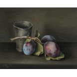 Menge, Charles (Granges 1920–2009 Montorge) Nature morte aux prunes, 1974. Öl auf Hartfaserplatte.