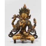 Vierarmiger Bodhisattva Tibetochinesisch, 18./19.Jh. Feuervergoldete Bronze. Die vierarmige,