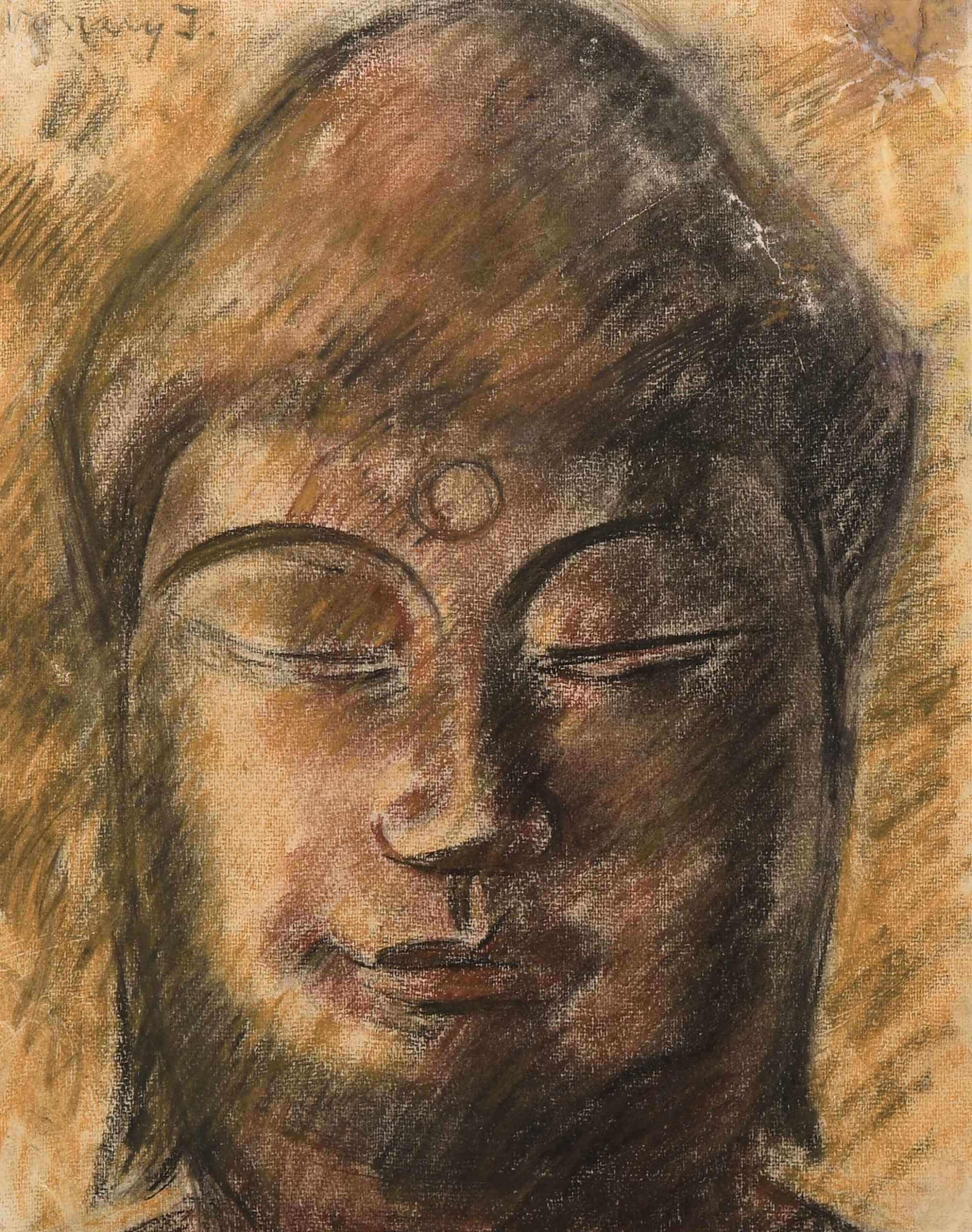 Vaszary, János (Kaposvár 1867–1939 Budapest) "Buddhakopf". Pastell auf Papier. Oben links in