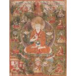 Thangka eines hohen Lama Tibet, 19.Jh. Farbe auf Leinwand. Der Mönch ist im Meditationssitz auf