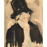 Vaszary, János (Kaposvár 1867–1939 Budapest) Frau mit Zylinder. Tusche und Aquarell auf Papier.